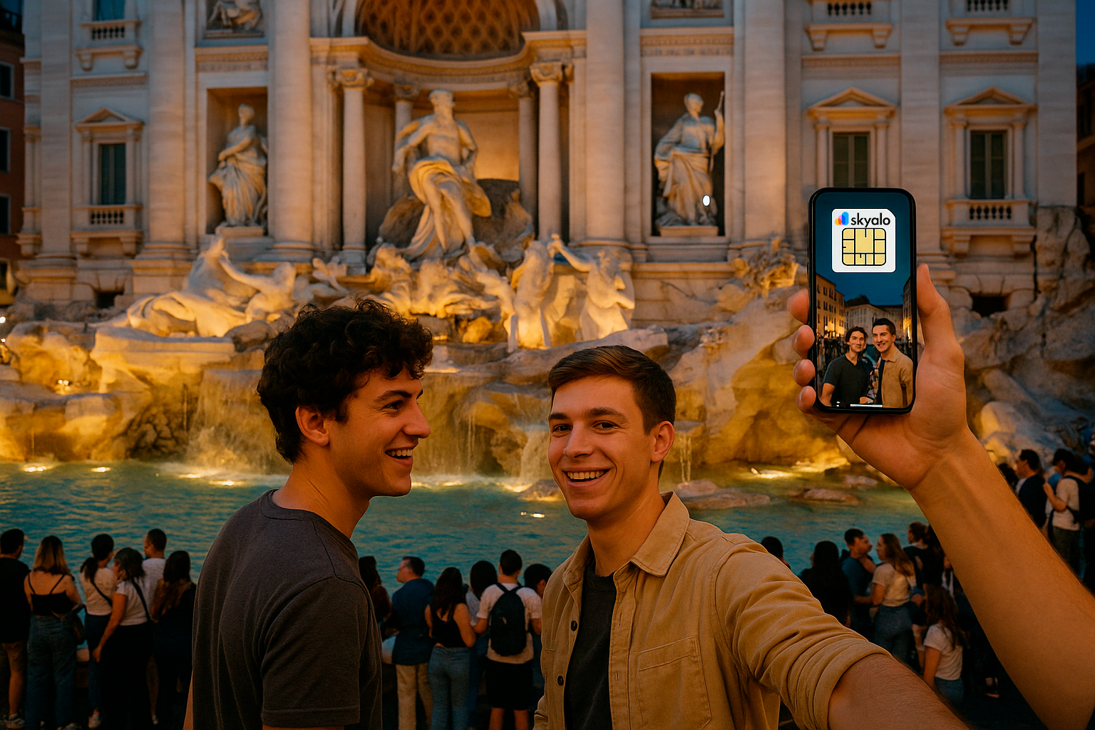 Friends film Trevi at dusk — video uploads via Skyalo eSIM