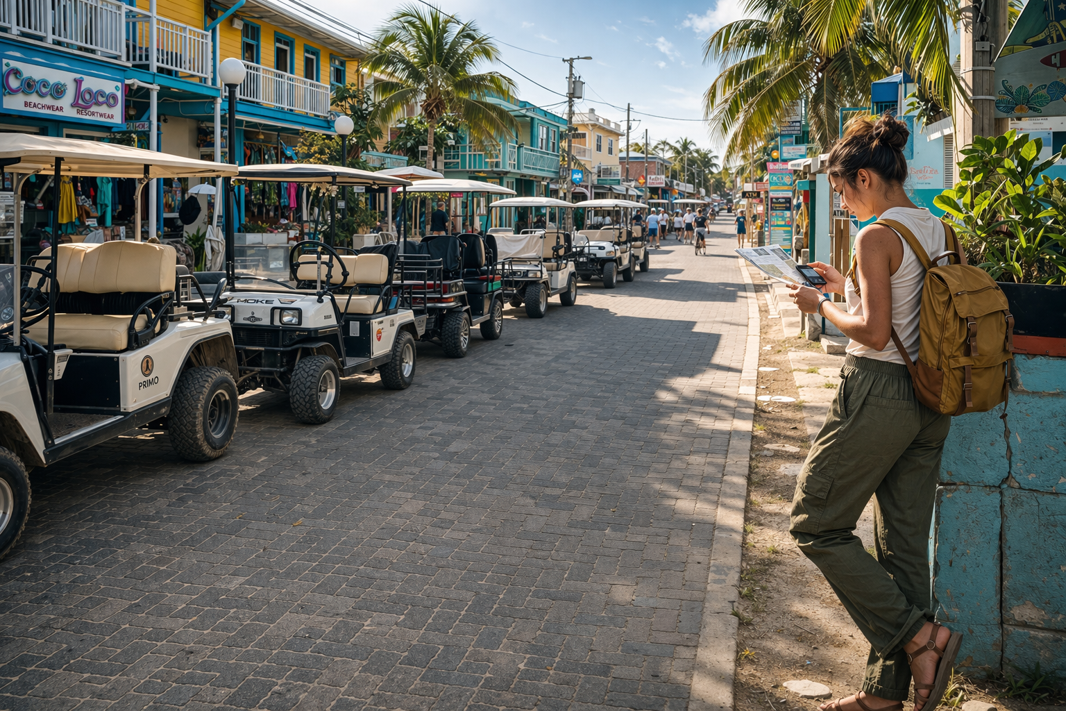 Вулиці Сан-Педро з гольф-карами та туристом, який дивиться карту в телефоні