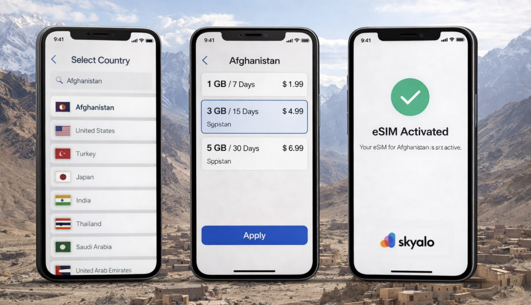 Three smartphones against Afghanistan’s mountains showing plan selection and eSIM activation