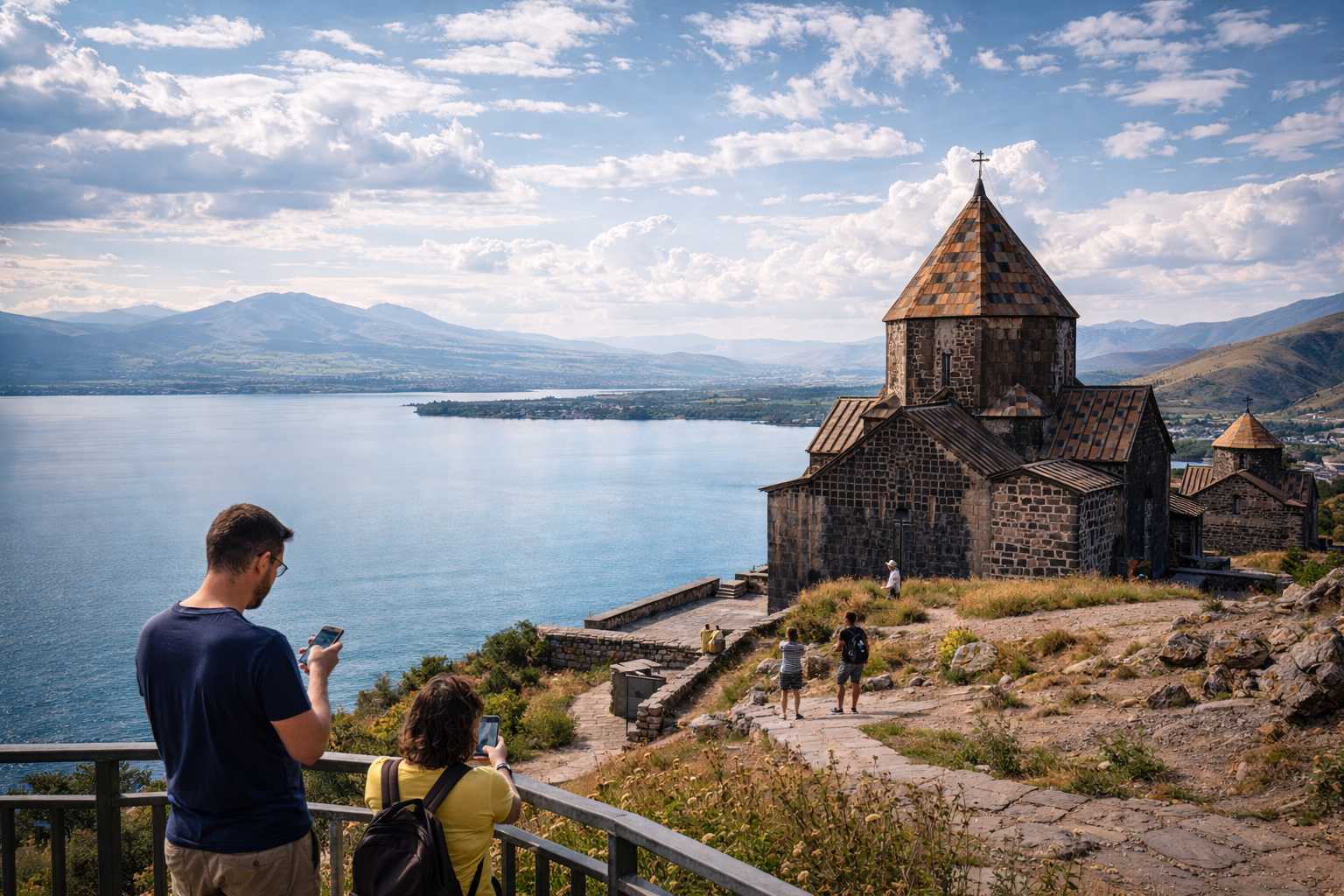 Sevanavank Monastery above Lake Sevan with tourists using smartphones with eSIMs for navigation