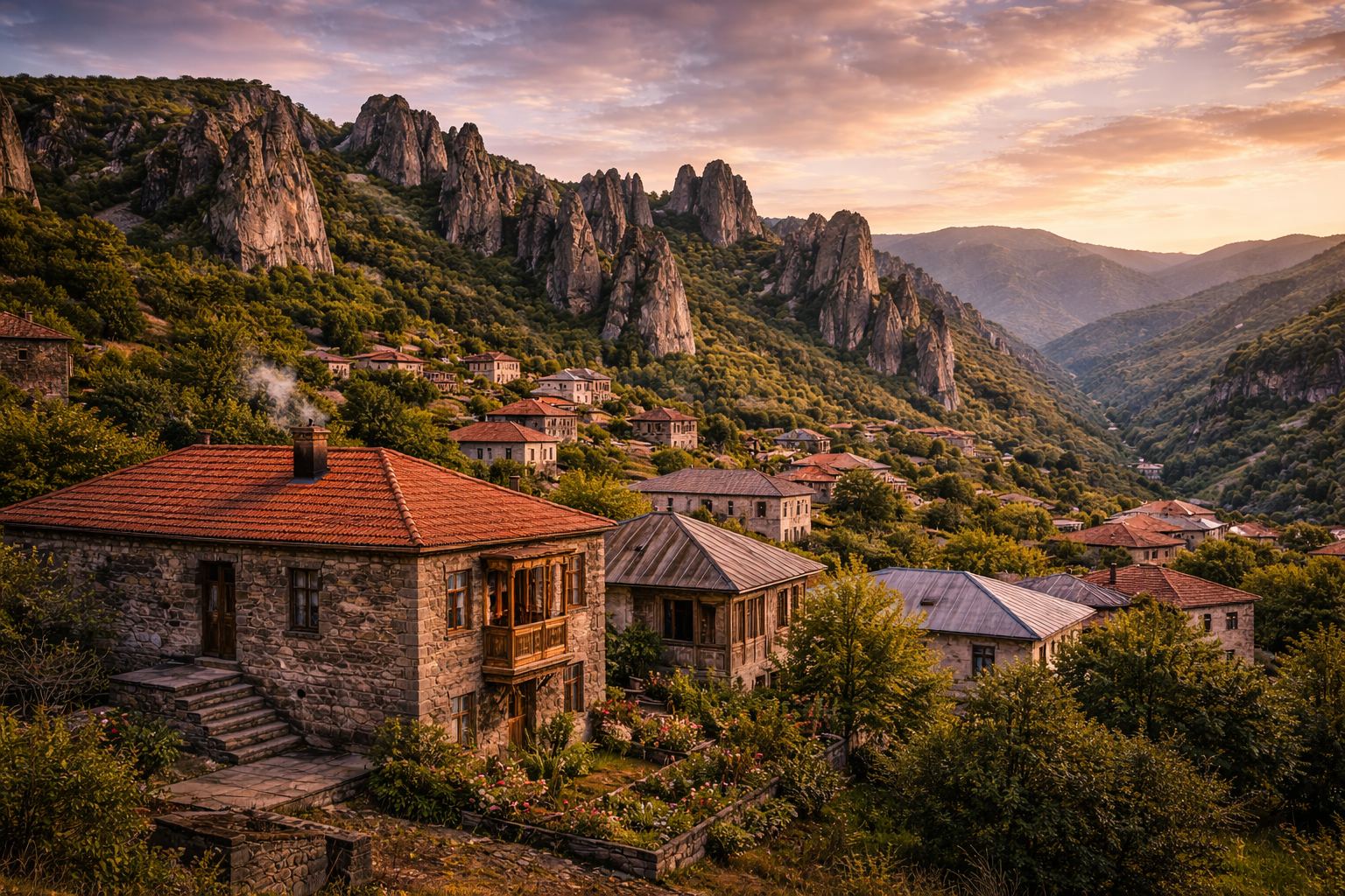 Stone houses of Goris against a mountain backdrop
