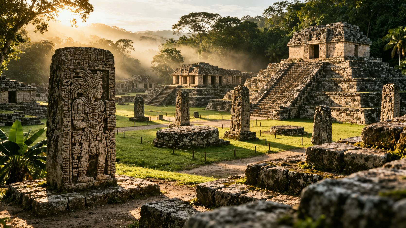 חורבות עתיקות של המאיה בקופאן רואינאס בהונדורס בין צמחייה טרופית צפופה באור בוקר רך