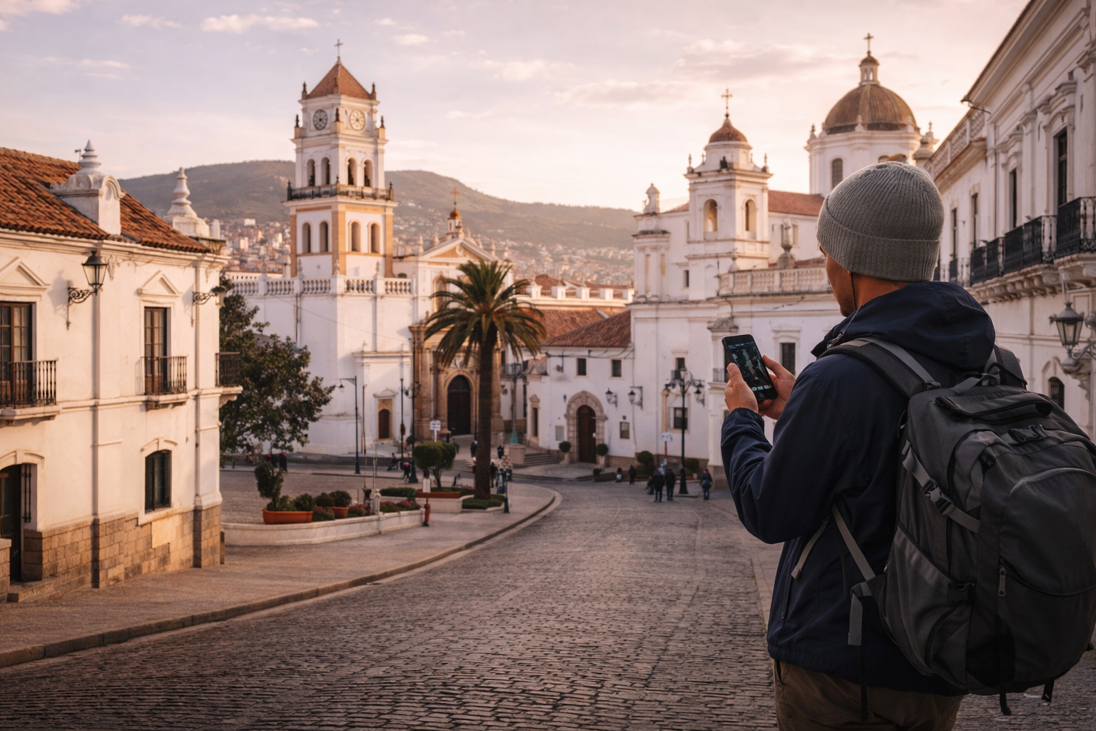 סוקרה בבוליביה עם אדריכלות קולוניאלית לבנה, מרכז היסטורי ונוסע המשתמש ב-eSIM בסמארטפון בזמן טיול.