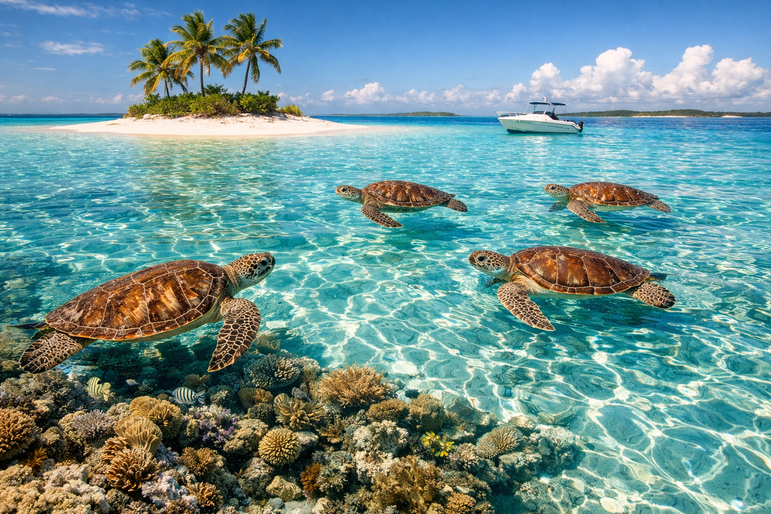 Tartarughe marine in acqua trasparente nel parco nazionale di Exuma alle Bahamas.