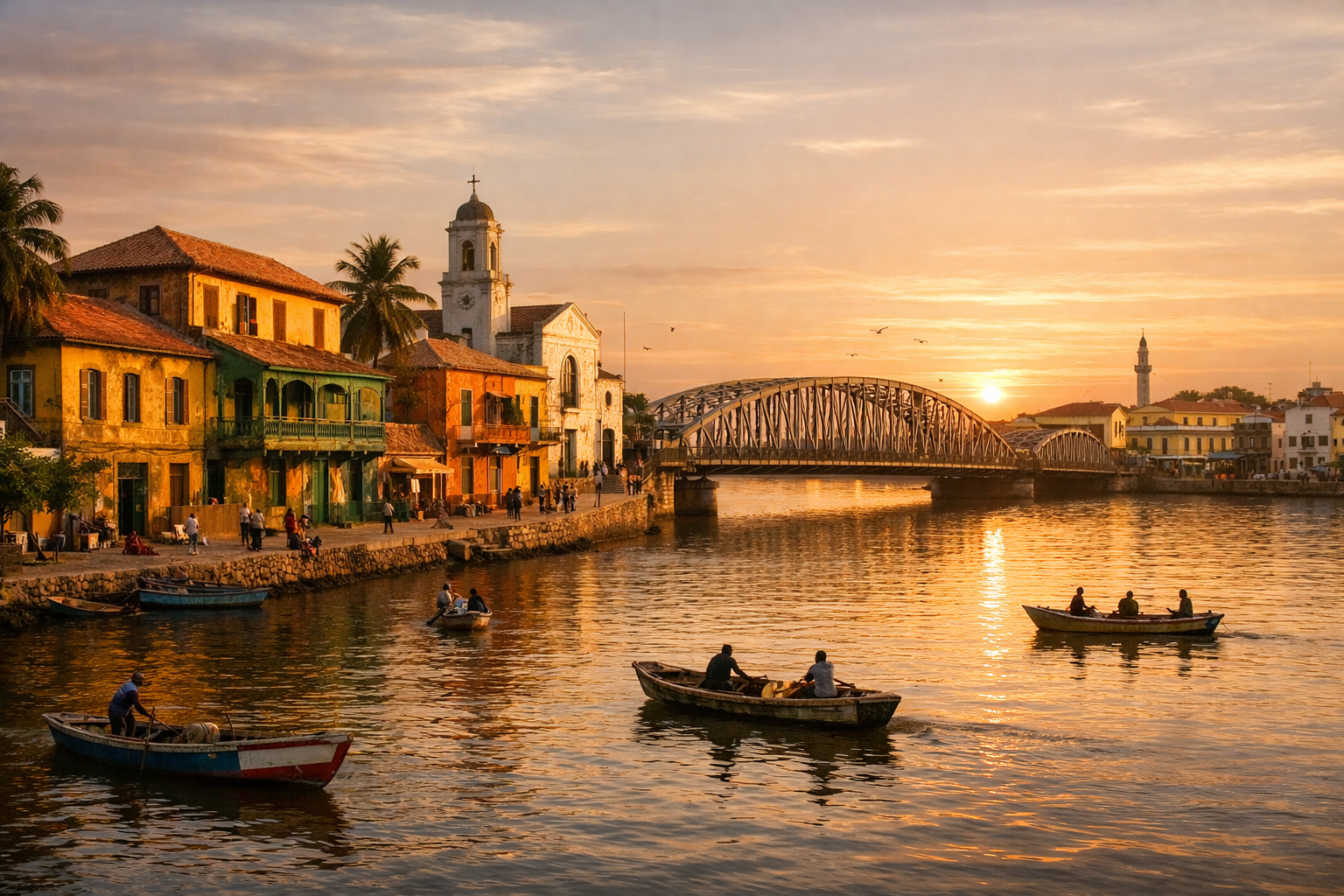 Colonial architecture of Saint-Louis and the Faidherbe Bridge.