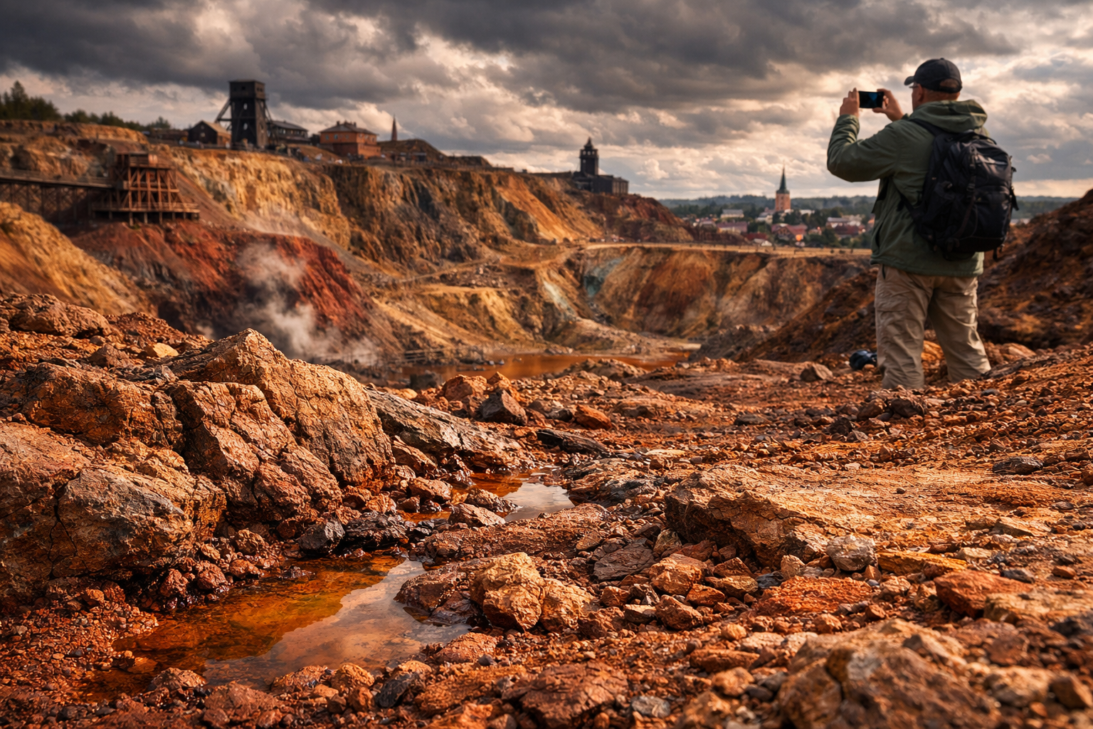 Falun’s historic mine, and a tourist takes a photo
