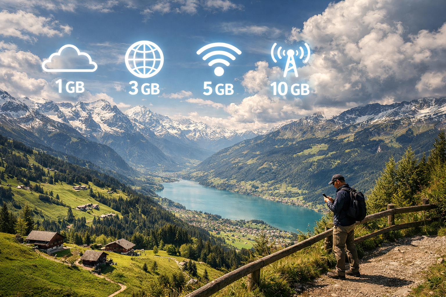 Ile internetu potrzeba w Szwajcarii na wyjazd - przykładowe zużycie danych mobilnych 1GB, 3GB, 5GB i 10GB na tle alpejskiego krajobrazu.