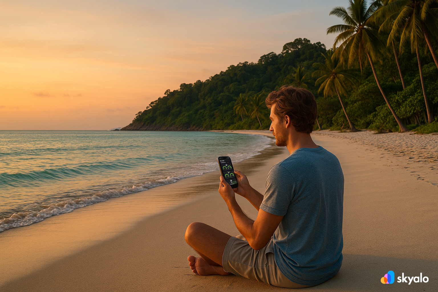Remote beach on Con Dao, traveler with eSIM saving photos and meditating by the waves
