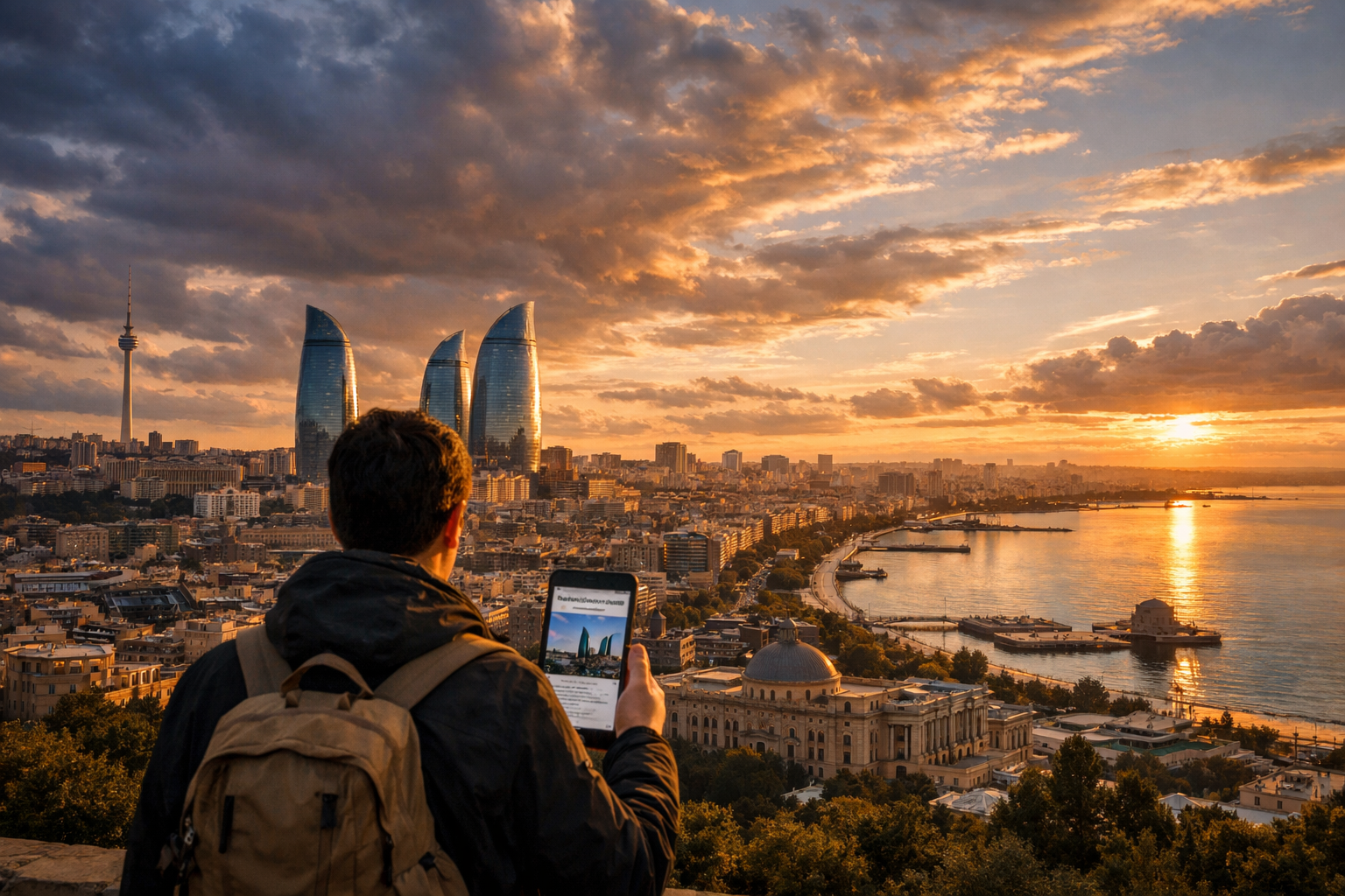 A traveler seen from behind looks at the Baku skyline at sunset—the Flame Towers dominate the horizon, the Caspian Sea ahead; in his hands, a smartphone with a long read about the city’s architecture open.