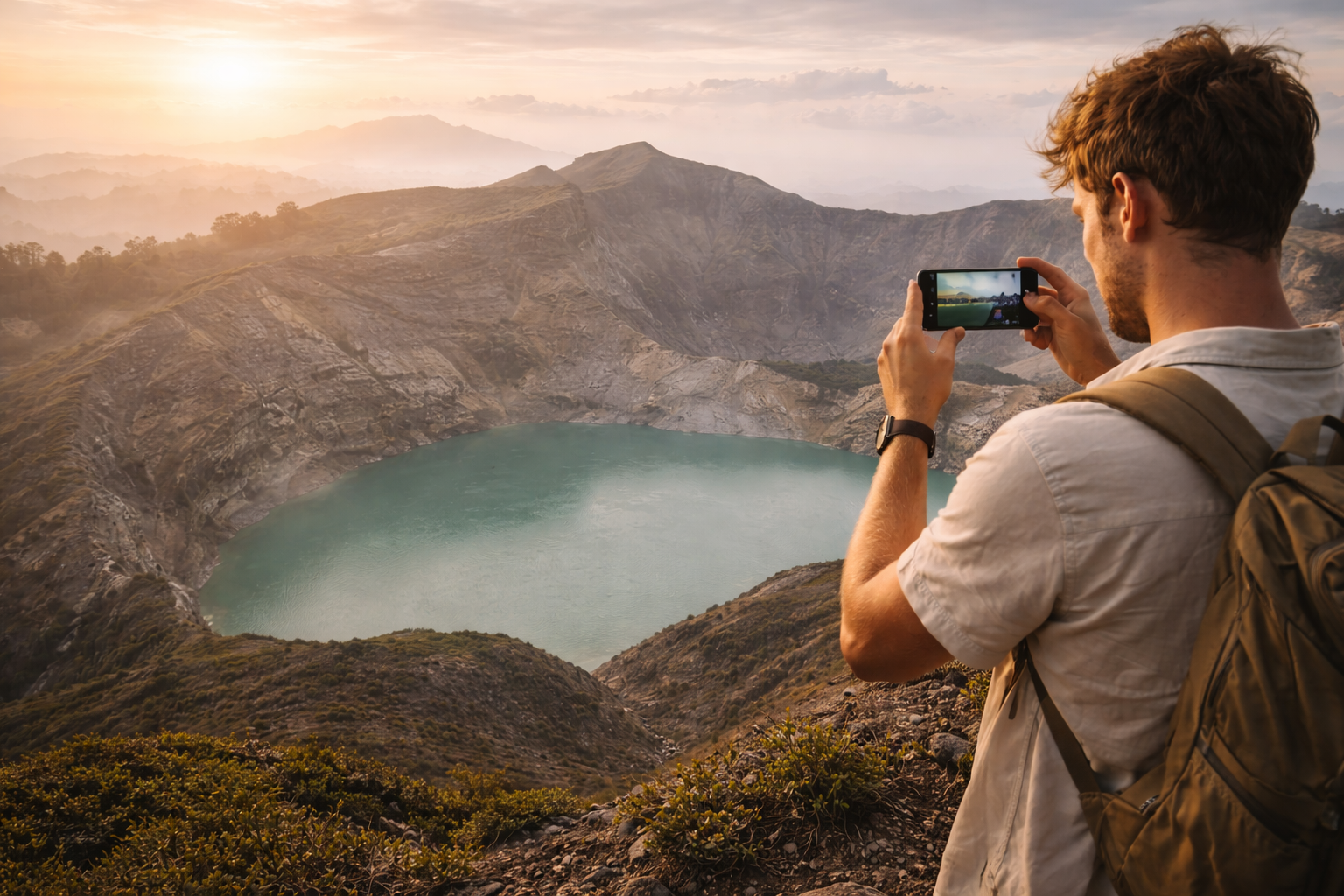 Kelimutu Lakes and a blogger with a smartphone