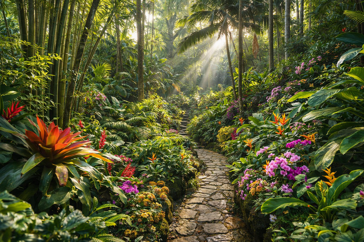 Giardino botanico tropicale con palme e piante esotiche alle Barbados