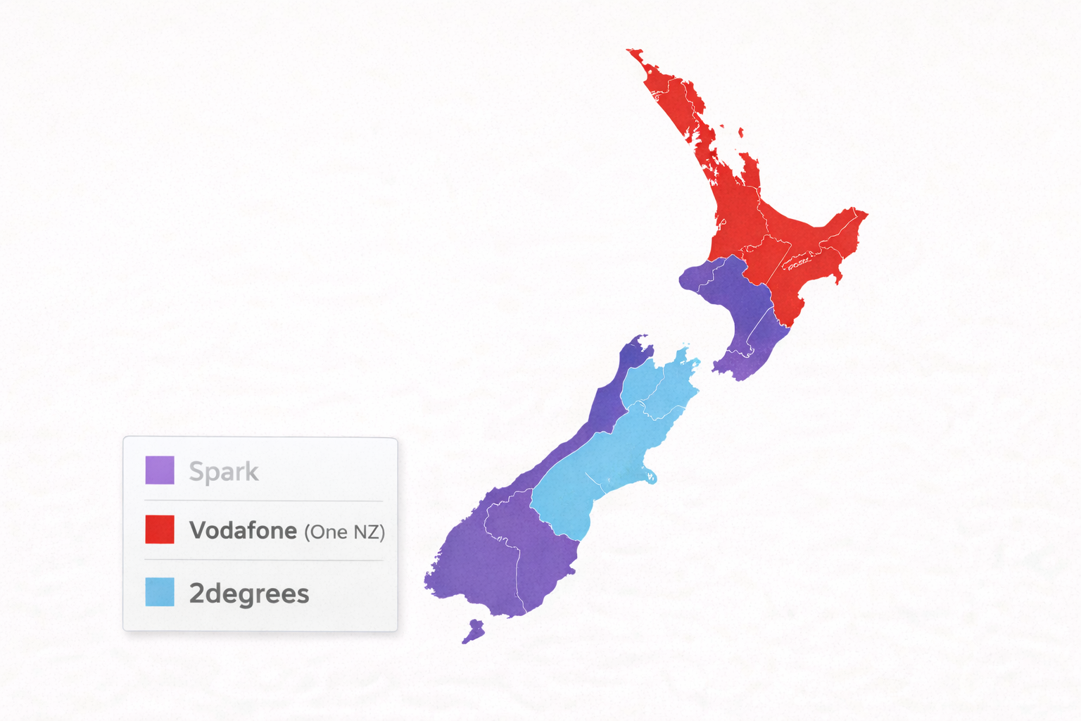 Mobilo operatoru pārklājuma karte Jaunzēlandē ar Spark, Vodafone (One NZ) un 2degrees tīkliem dažādās krāsās