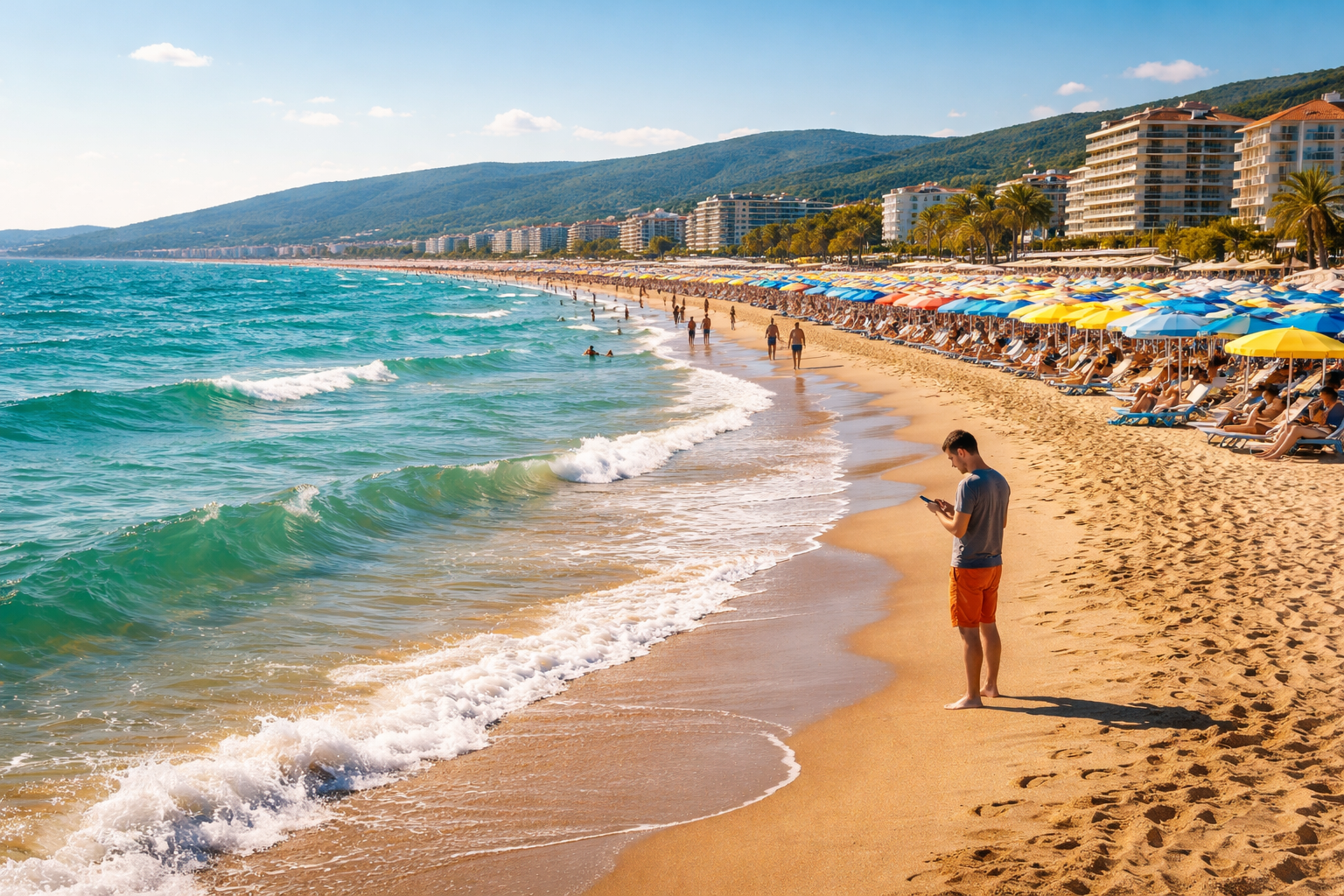 Sunny Beach in Bulgaria and tourists using eSIM internet by the sea