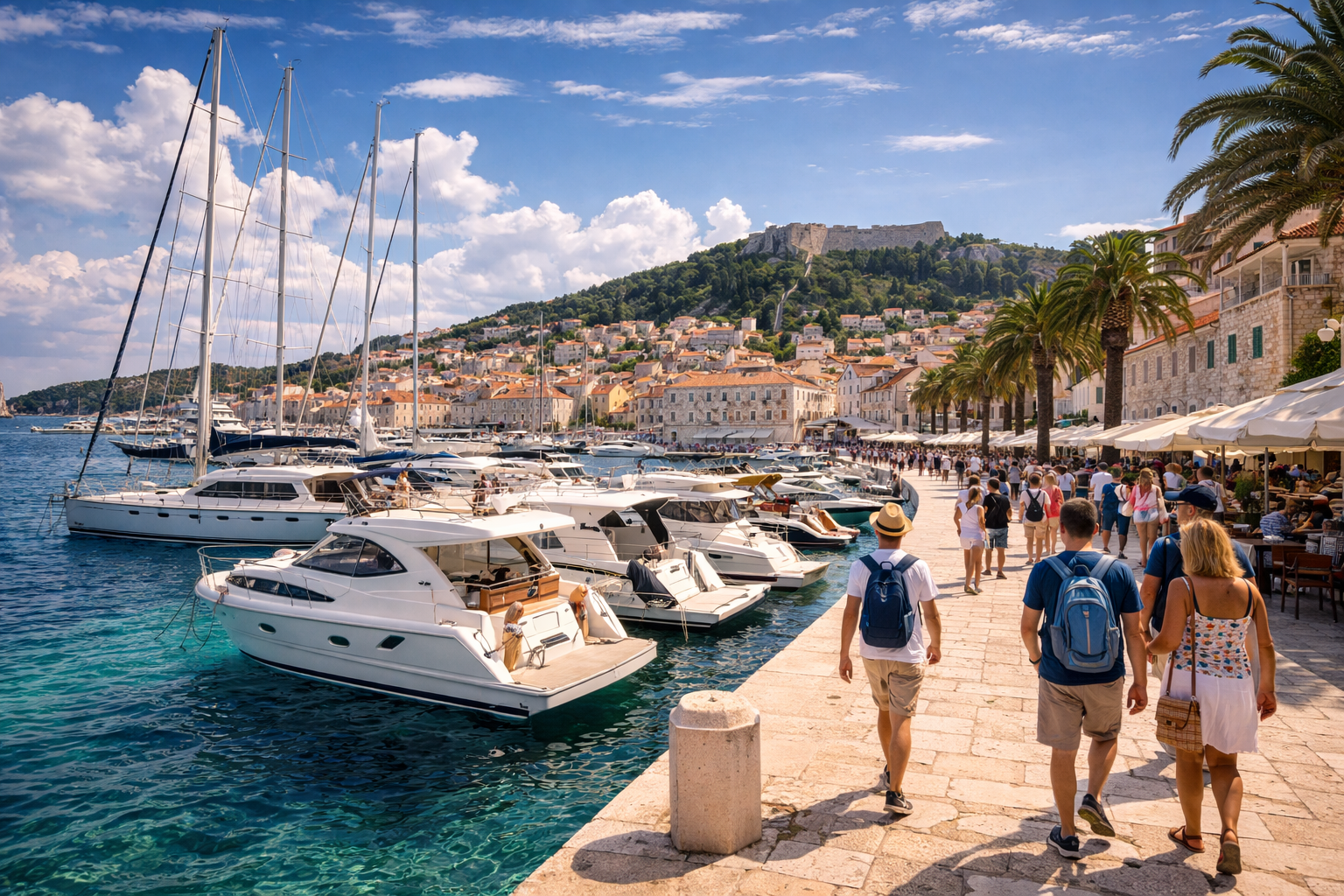 Il porto dell’isola di Hvar con yacht e la città storica