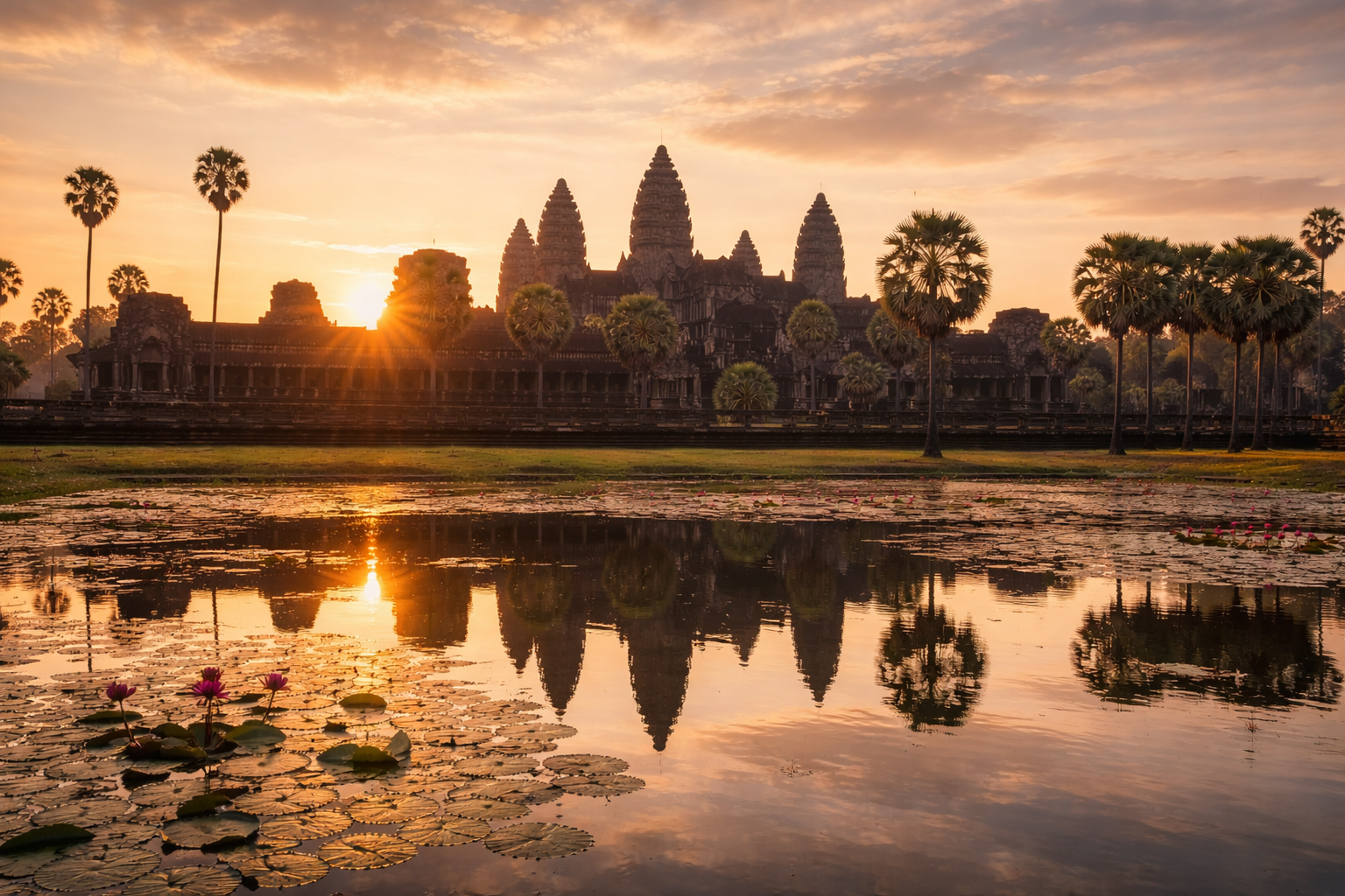 Angkor Wat at sunrise with its reflection in the water