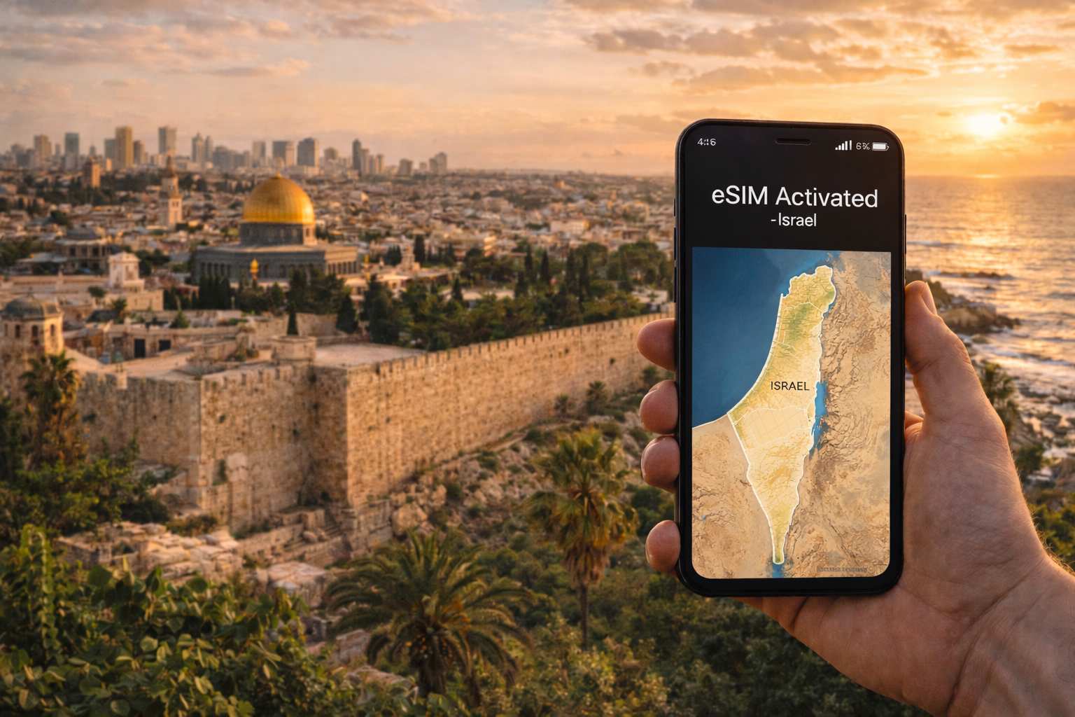 A smartphone with an activated eSIM with Jerusalem and the Tel Aviv coastline in Israel in the background