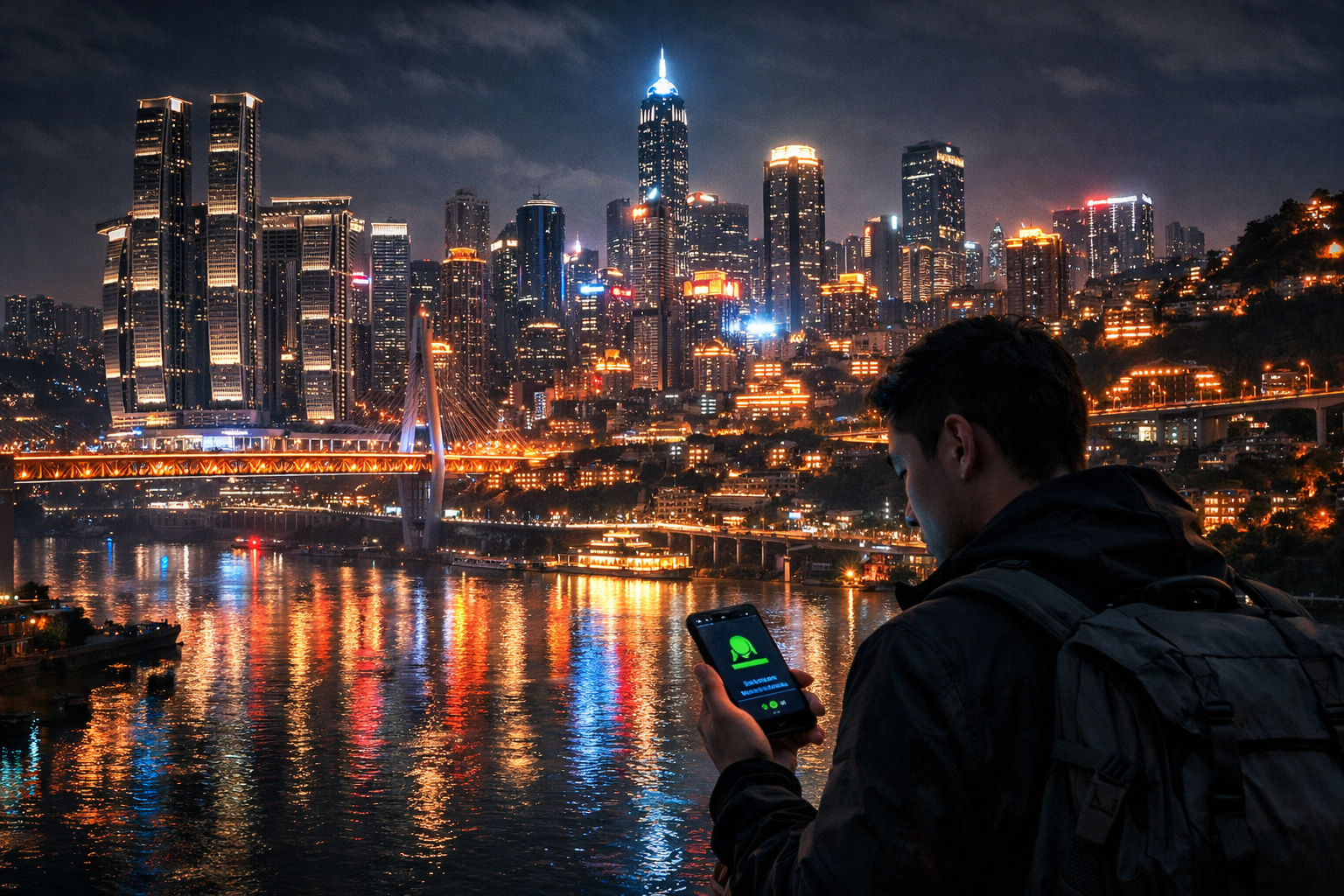 Futuristic Chongqing at night and a tourist with a smartphone with an eSIM
