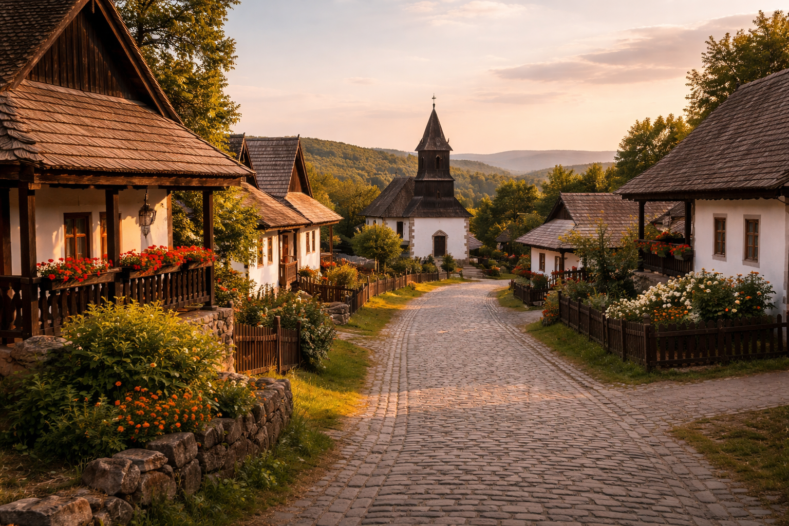 הכפר הולוקו עם בתים מסורתיים ונוף כפרי
