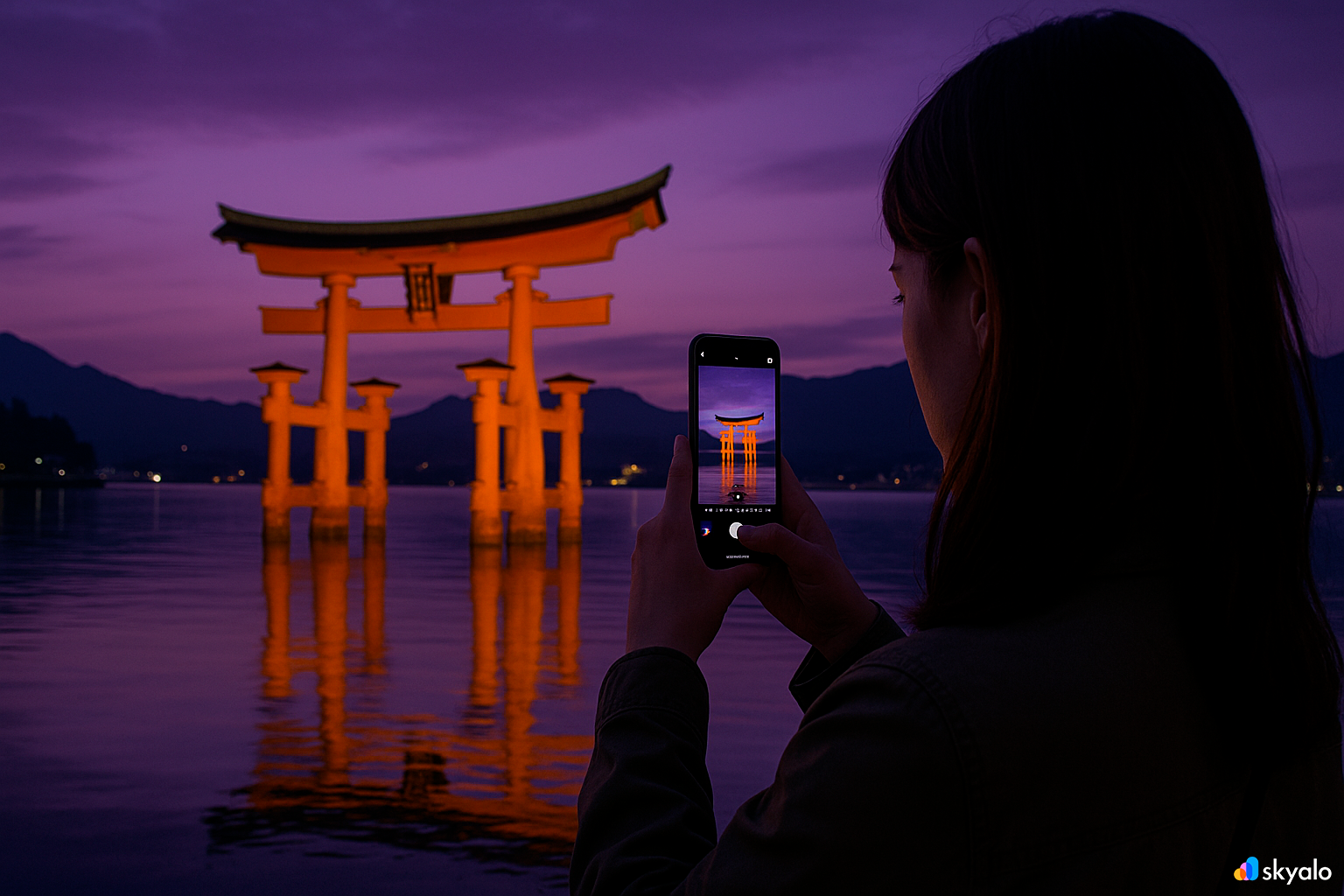 Itsukushima’s floating torii at high tide; purple sunset mirrored in the water, shrine lights twinkling