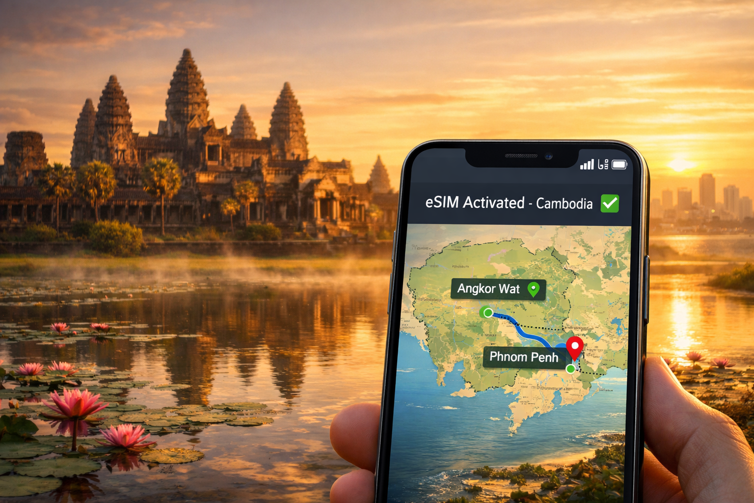 A smartphone with an activated eSIM against the backdrop of Angkor Wat at sunrise and Cambodia’s panoramas