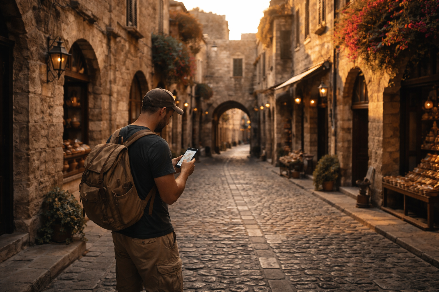 Rhodes Old Town with stone streets and a tourist using a smartphone with an eSIM connected