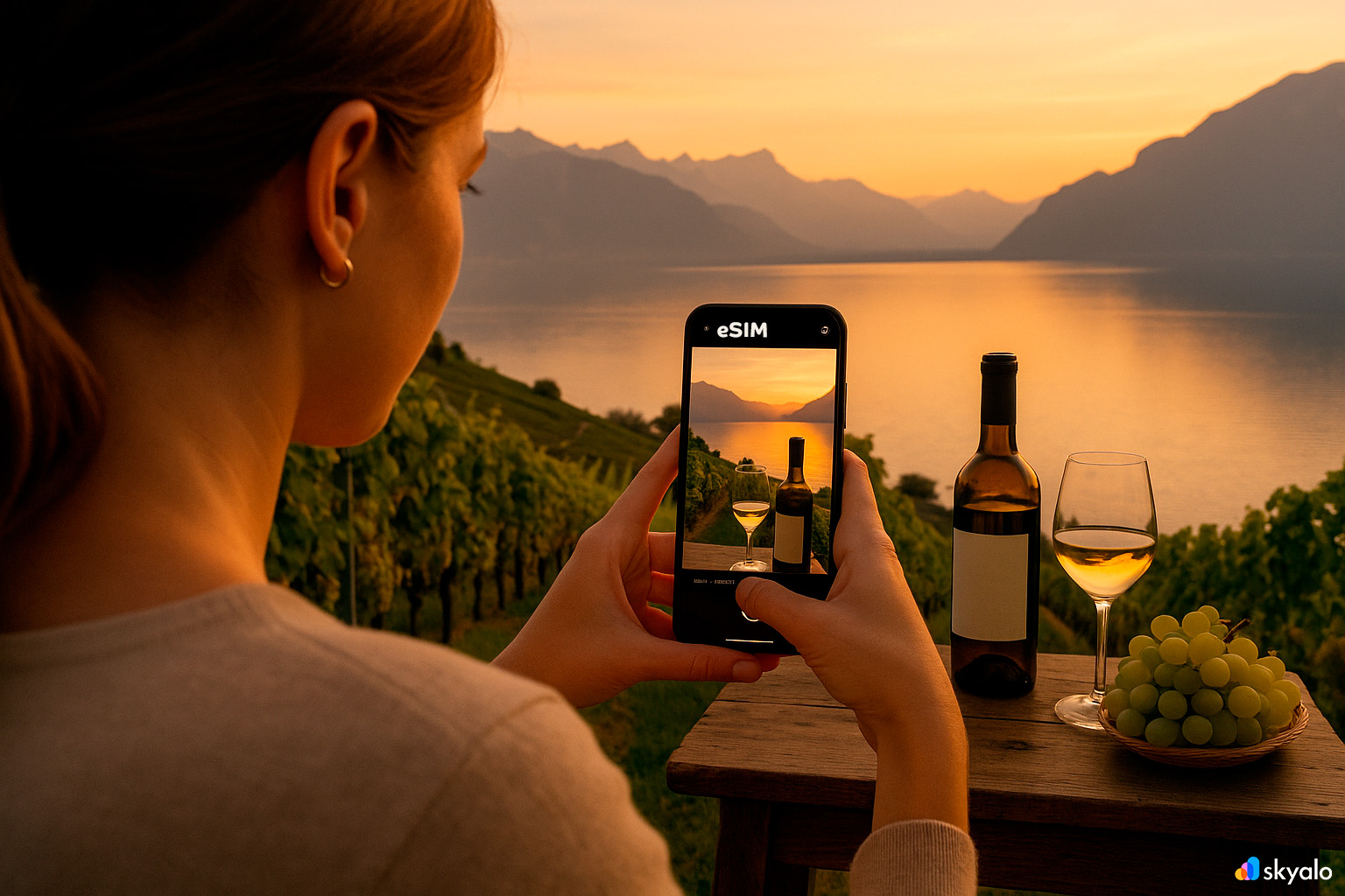 Woman at Okanagan vineyard; eSIM by Skyalo on phone, amber glow, lakes and vineyard rows