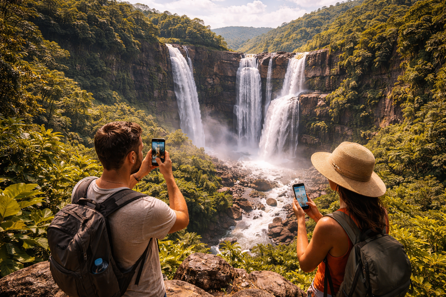 Cascate di Kinkon in Guinea: viaggiatori usano uno smartphone con eSIM