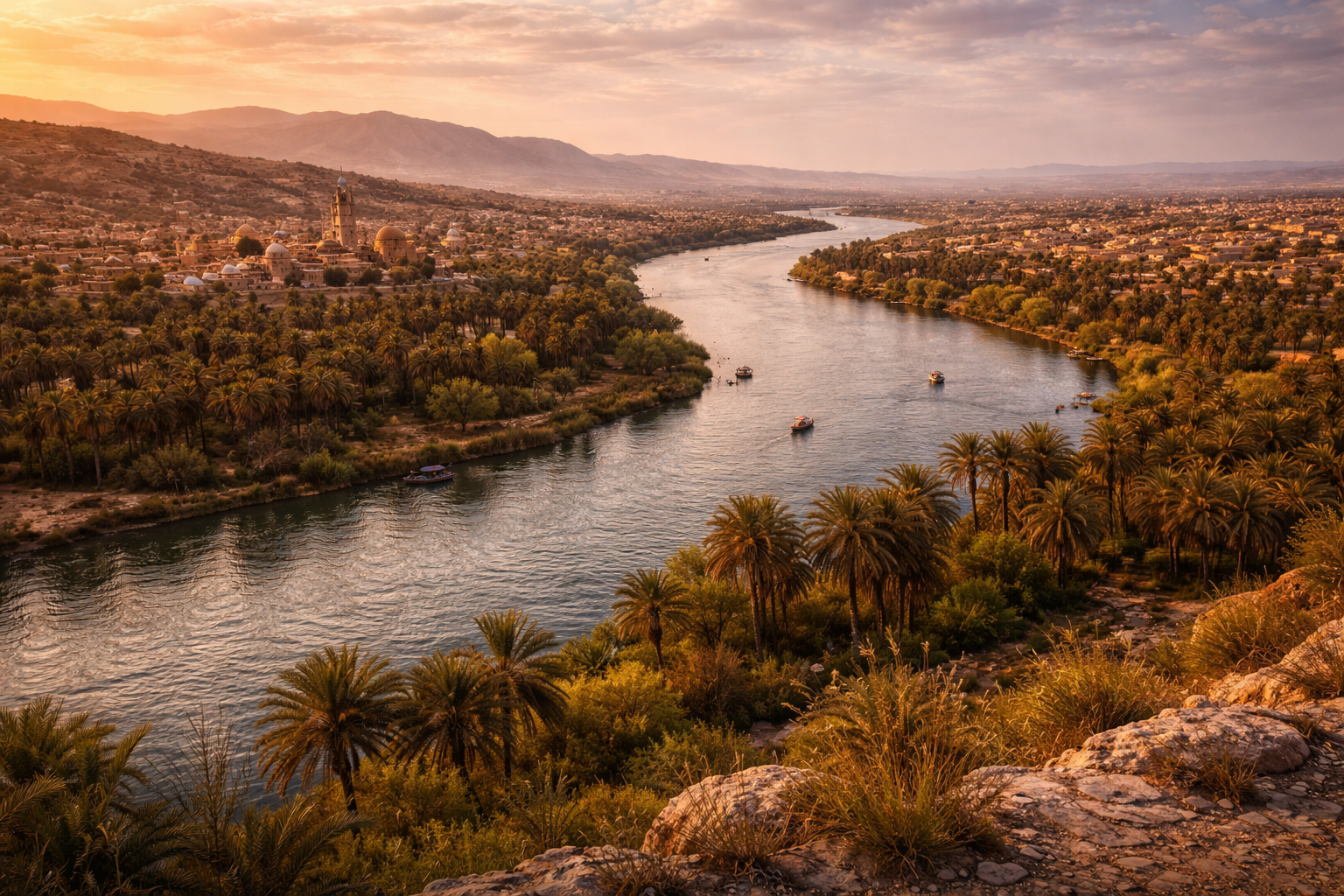 Valle del río Tigris con orillas verdes y paisajes naturales de Irak