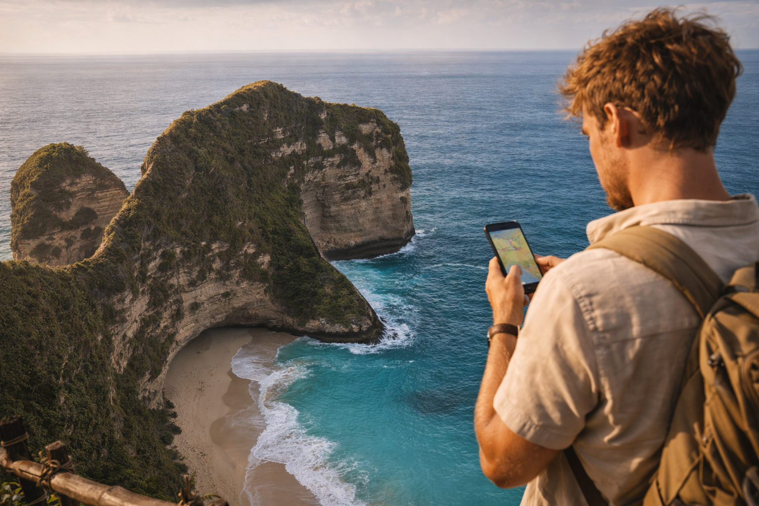Kelingking Beach cliff on Nusa Penida and a tourist with a smartphone