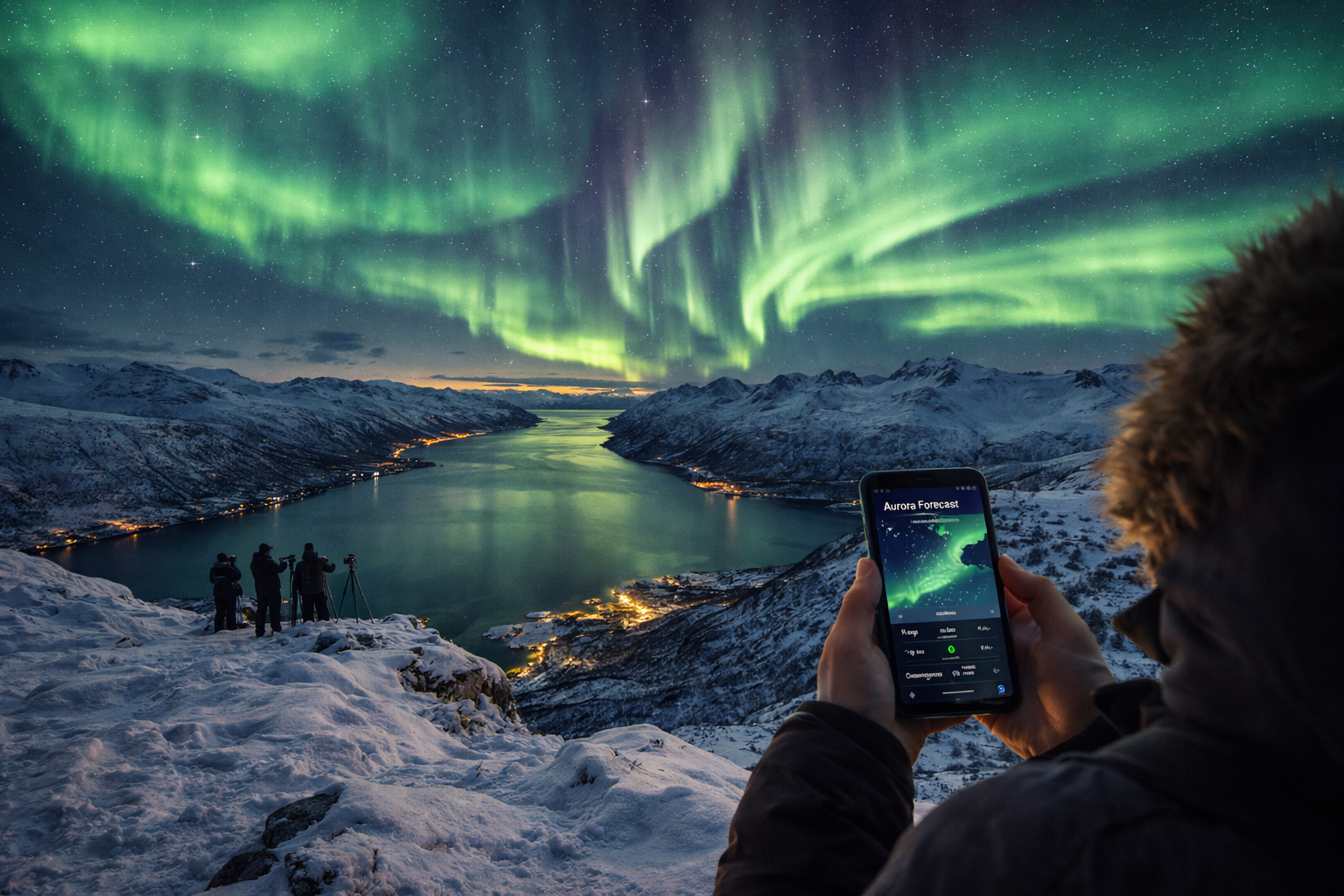 Northern Lights over Tromsø – a winter Norway landscape with green aurora