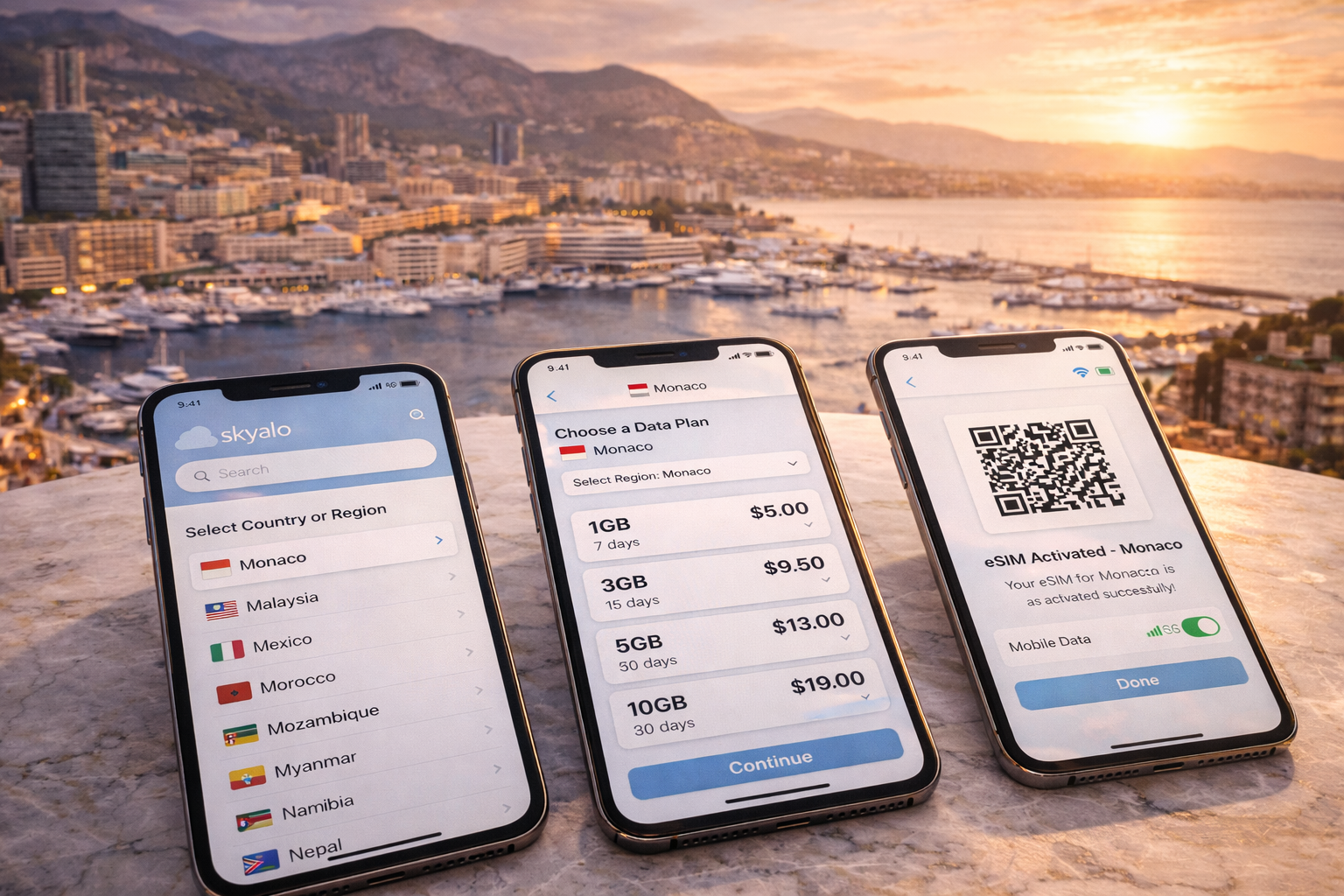 A smartphone with an activated eSIM against the backdrop of Port Hercules and the Monaco skyline