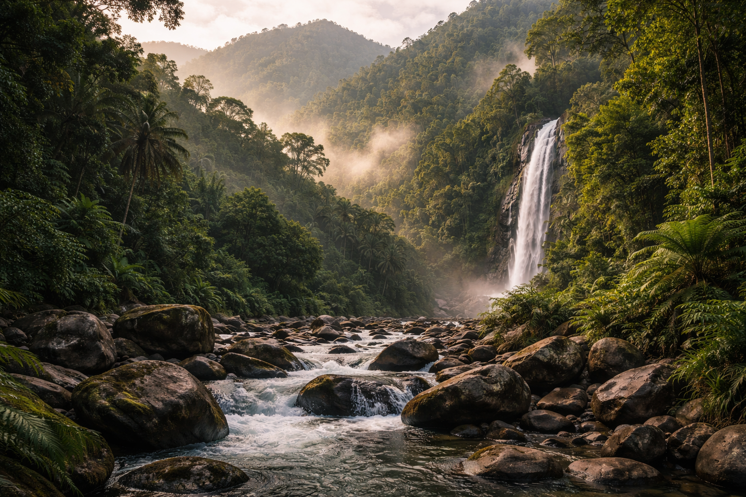 ג'ונגלים צפופים ונופי הרים של הפארק הלאומי פיקו בוניטו בהונדורס עם ערפל ומפל