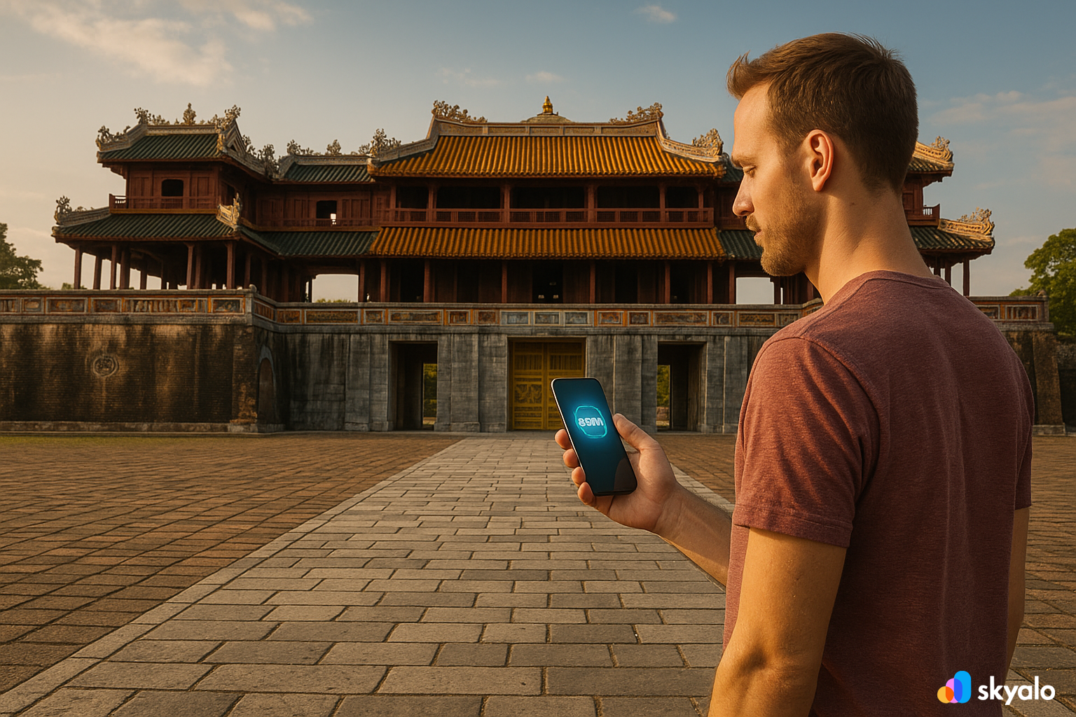 Hue Imperial Citadel, traveler with eSIM capturing ancient gates and instantly sending photos to friends