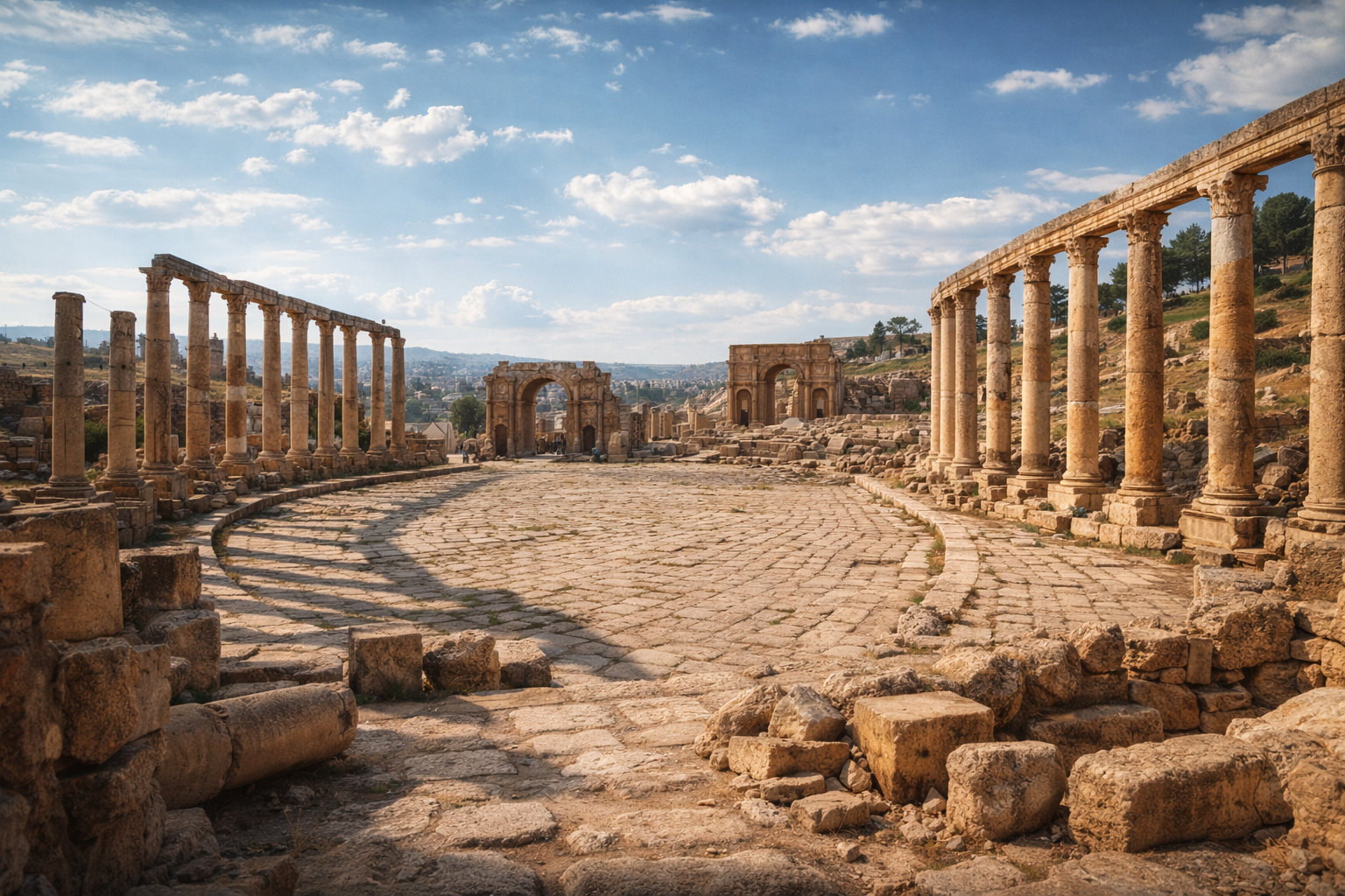 העיר הרומית העתיקה ג׳רש בירדן עם קולונדות, קשתות ושרידים עתיקים