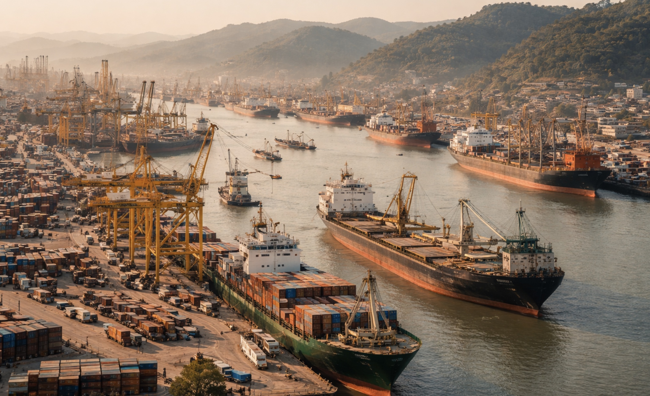 נמל צ'יטגונג עם אוניות, מנופים וגבעות ברקע, שמציג את הצד התעשייתי של בנגלדש