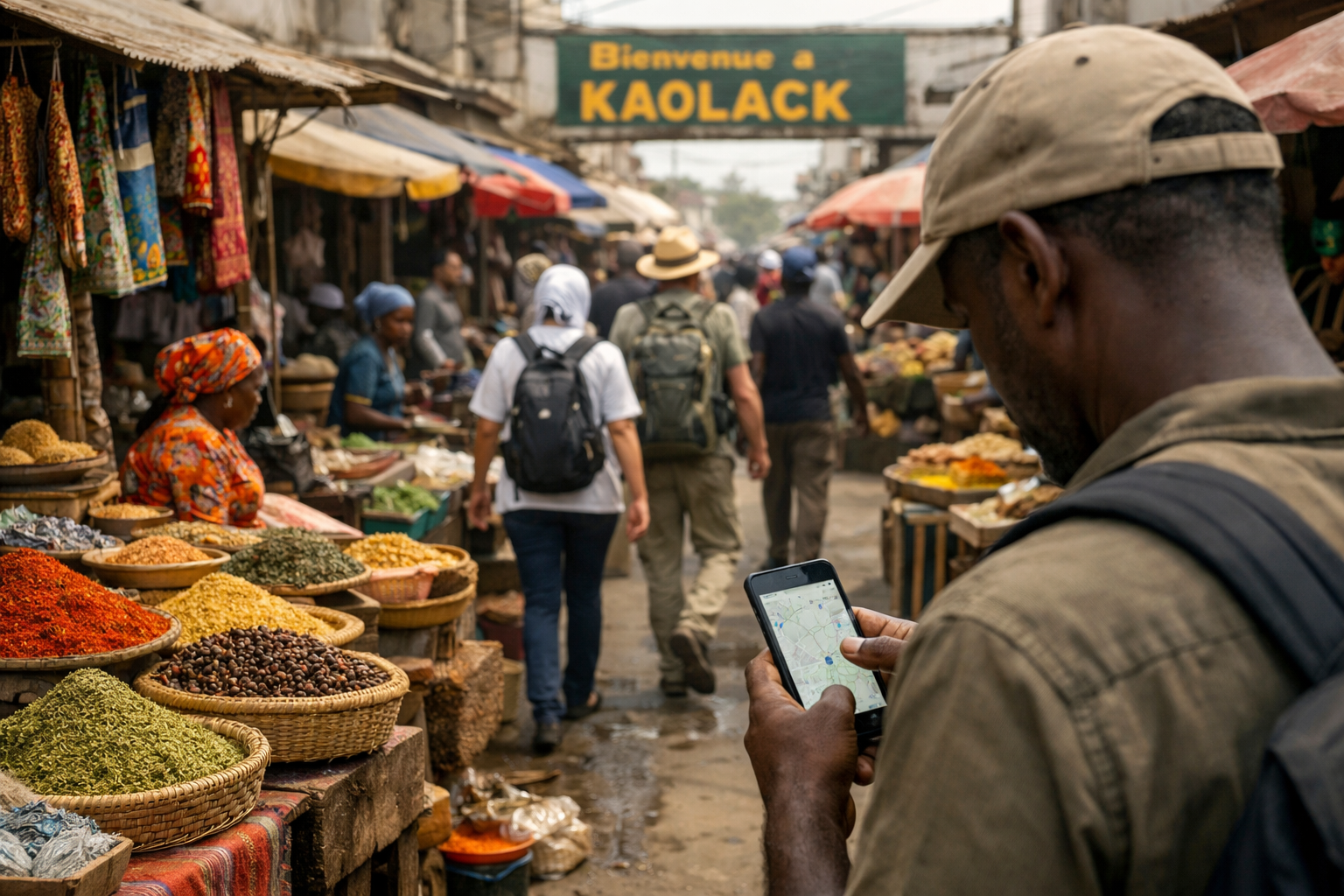 Kaolack market with bright торговыми рядами.