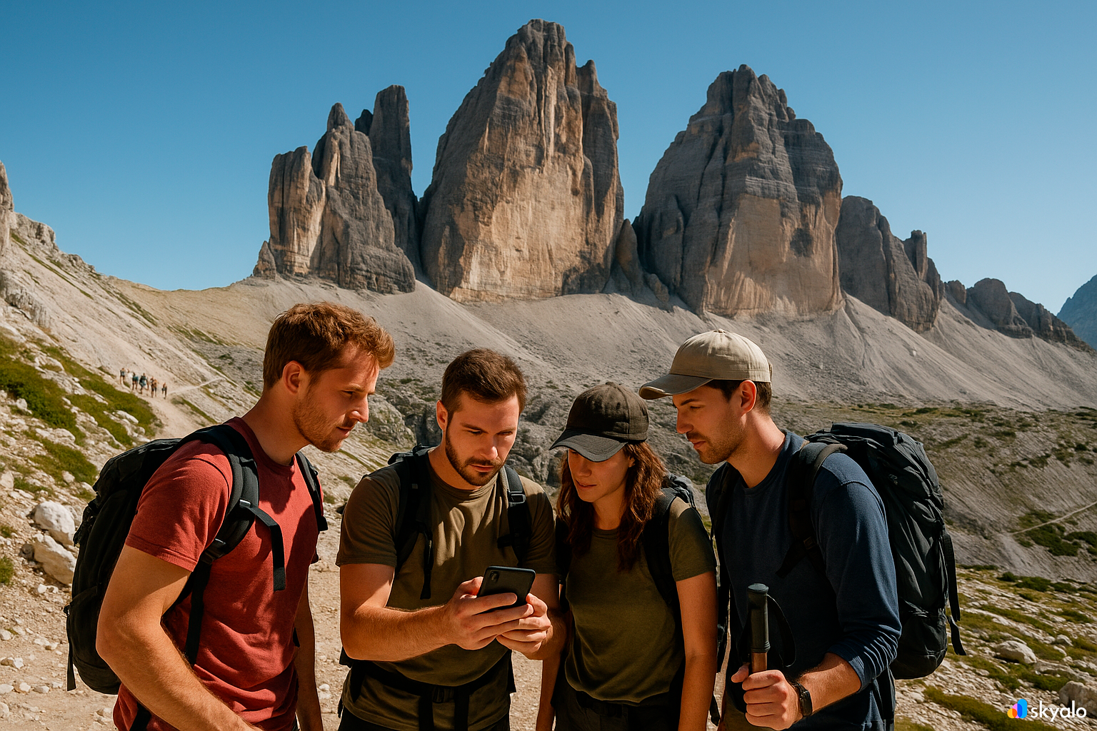 Friends check their trail in the mountains — solid connection via Skyalo eSIM