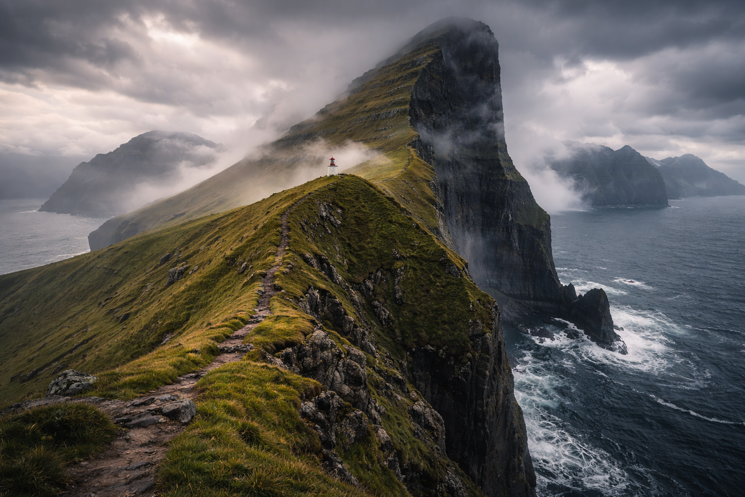 Latarnia Kallur na wyspie Kalsoy z dramatycznymi klifami
