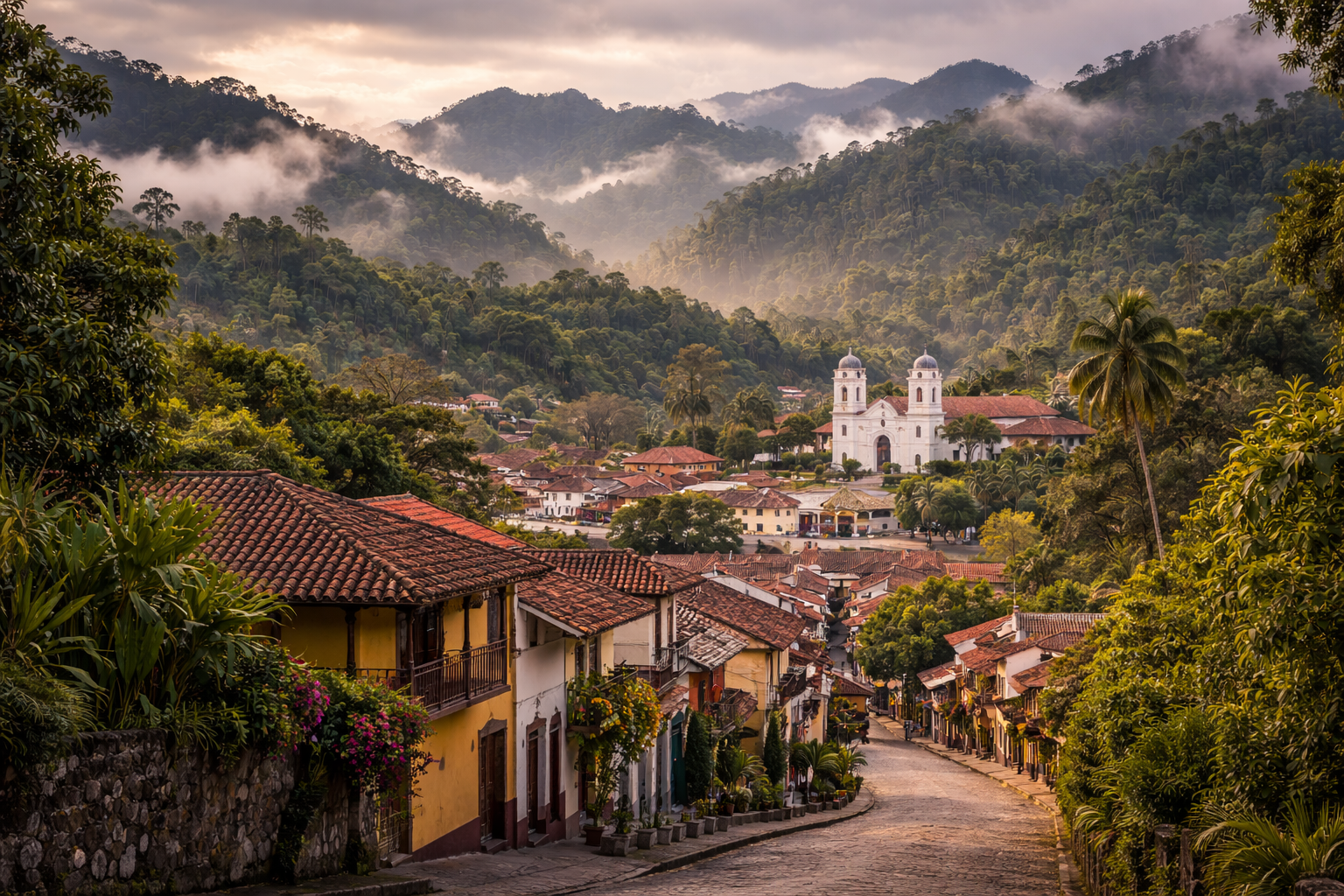 קובאן בגואטמלה עם גבעות ירוקות, טבע לח, אור רך ואווירה רגועה של עיר גבוהה