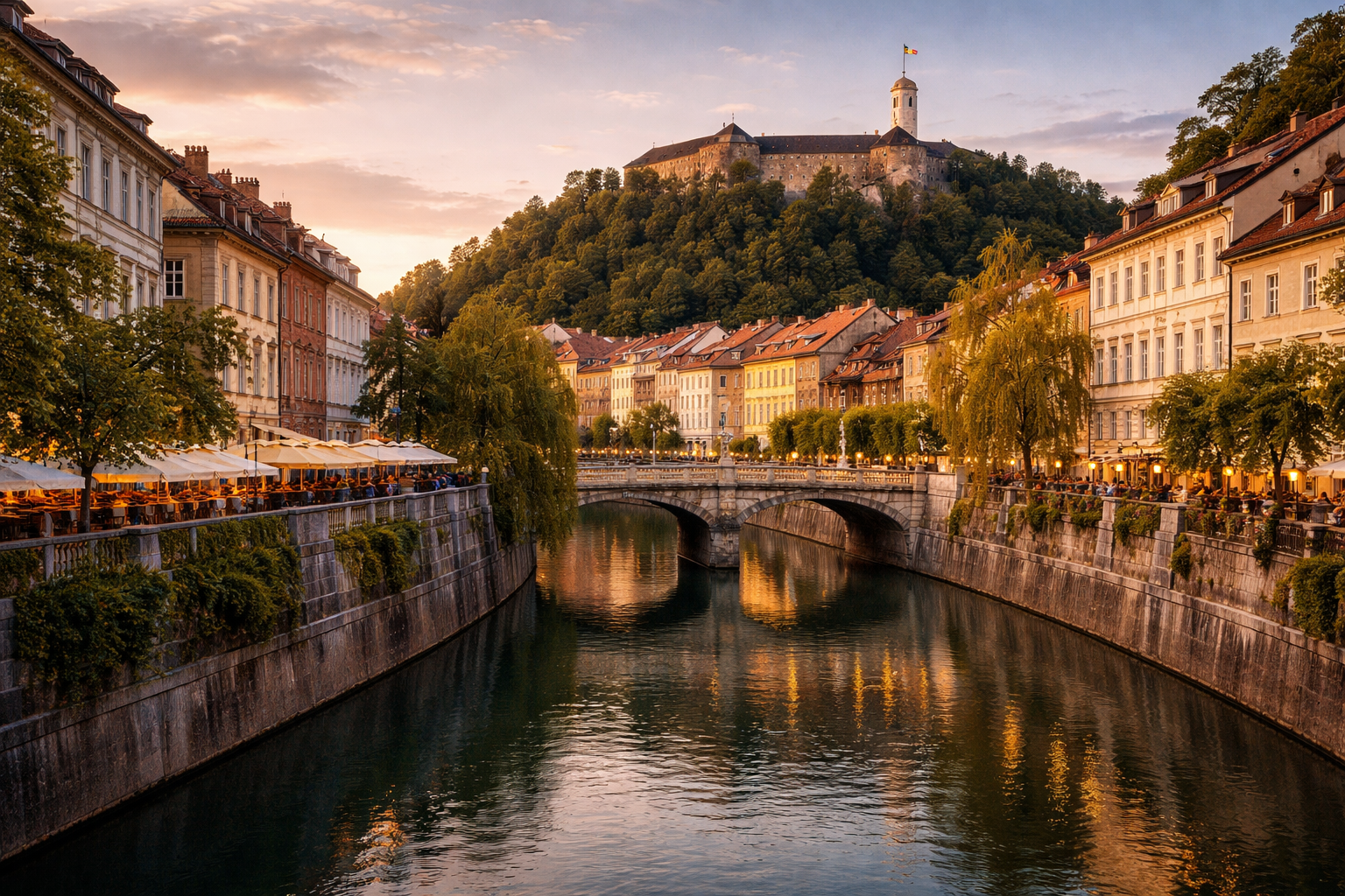 לובליאנה בסלובניה עם נהר, גשרים, עיר עתיקה וטירה על הגבעה