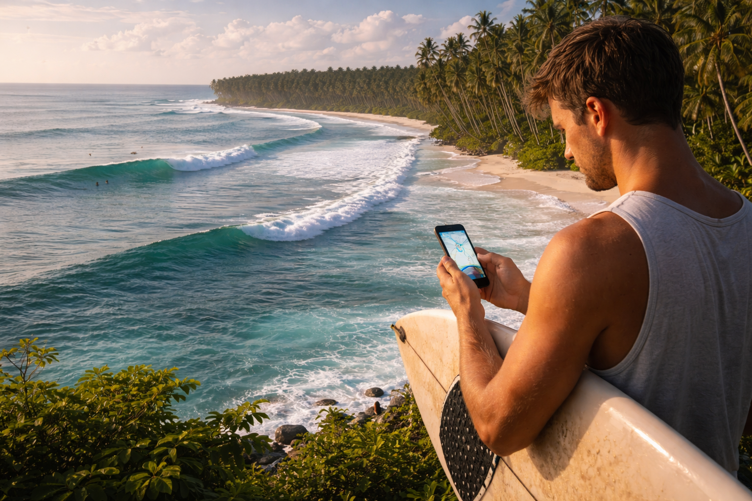 A surfer in the Mentawai Islands with a smartphone