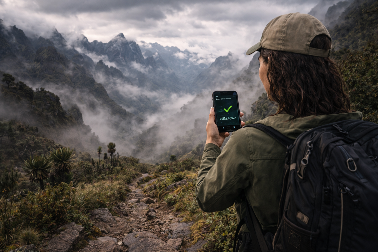 Pergunungan Rwenzori di Uganda dengan puncak berkabus, landskap alpine dan pelancong dengan telefon pintar dan eSIM semasa trekking