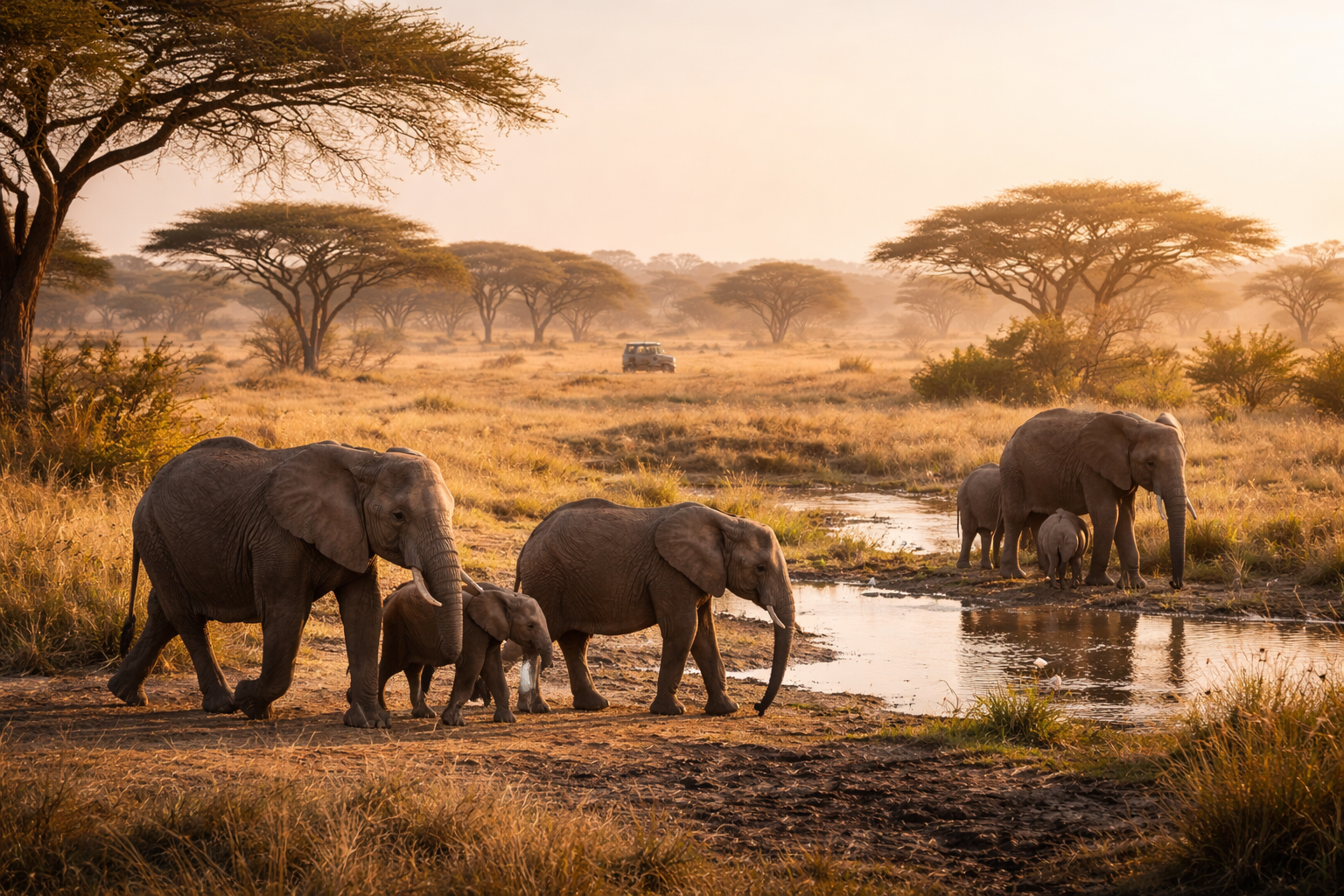 סוואנה בפארק הלאומי זקומה עם בעלי חיים ותיירים ברקע