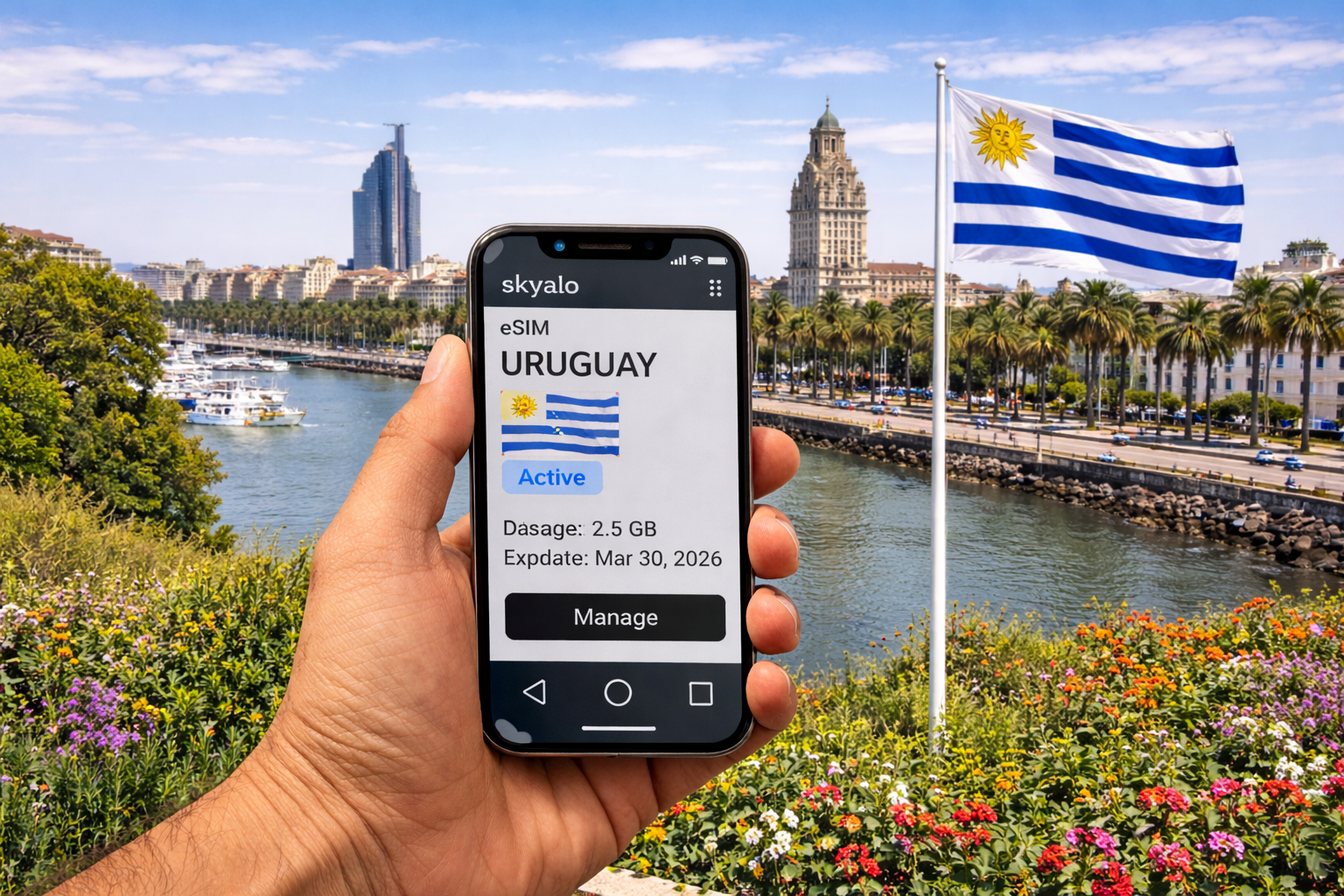 モンテビデオの海沿い、海、街、ウルグアイ国旗を背景にした、ウルグアイ向けeSIMを有効化したスマートフォン