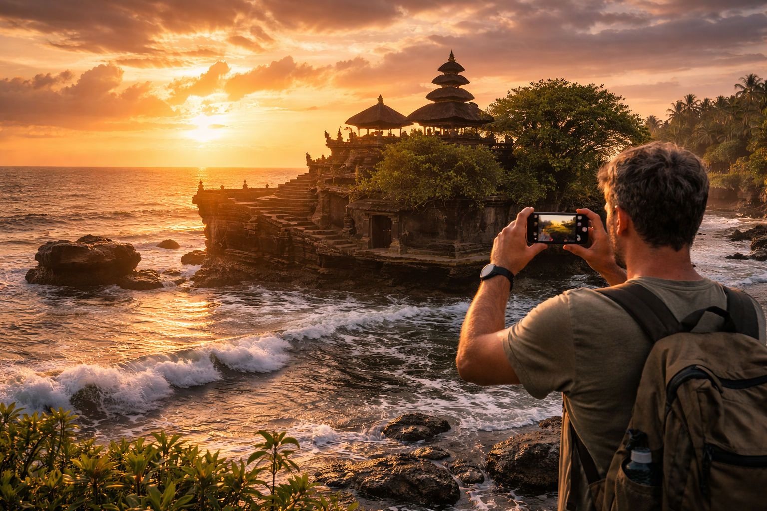 Tanah Lot Temple and a traveler photographing it on a phone
