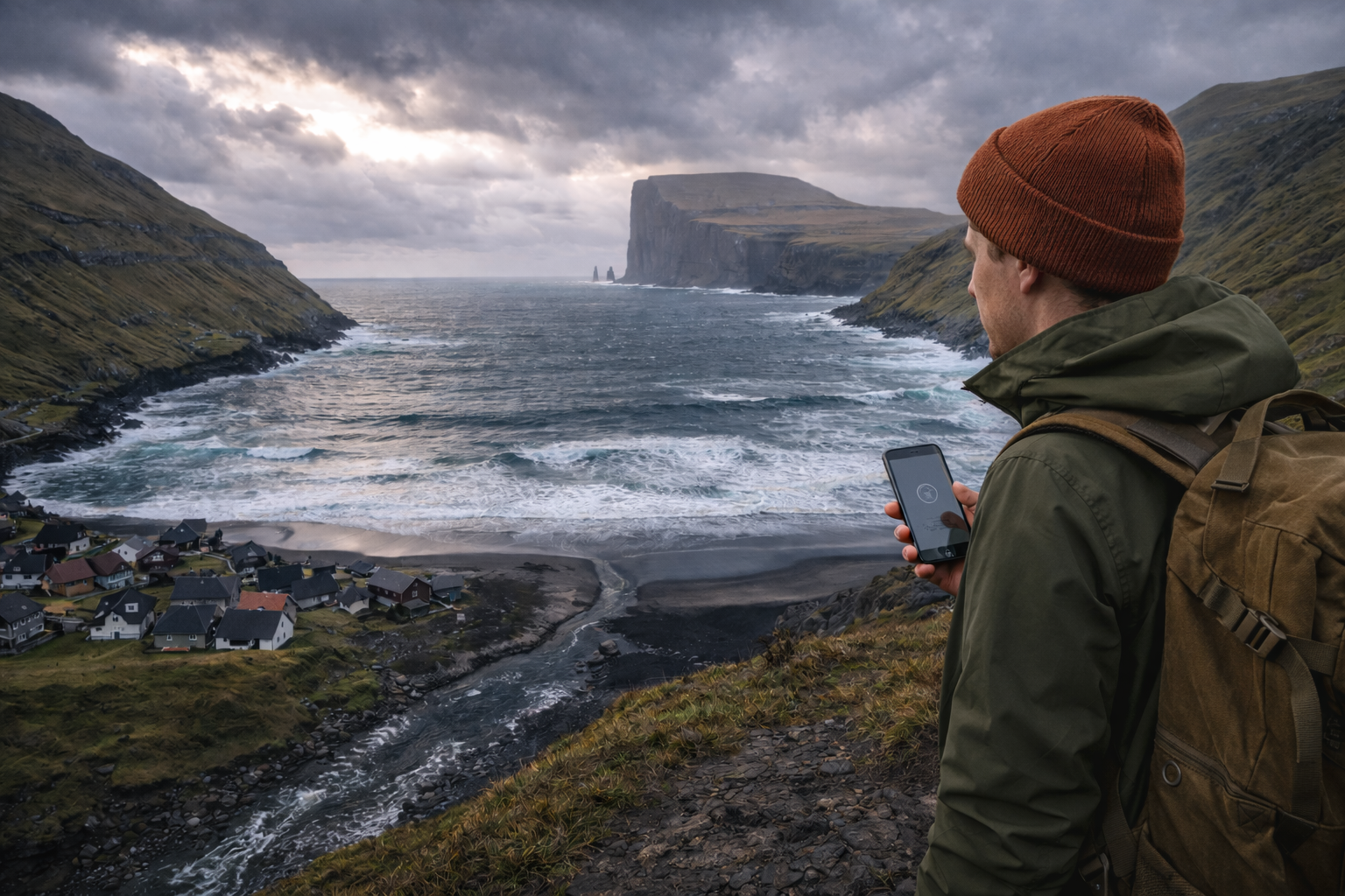 Wioska Tjørnuvík z oceanem i skałami Risin i Kellingin oraz podróżnikiem z eSIM na Wyspach Owczych