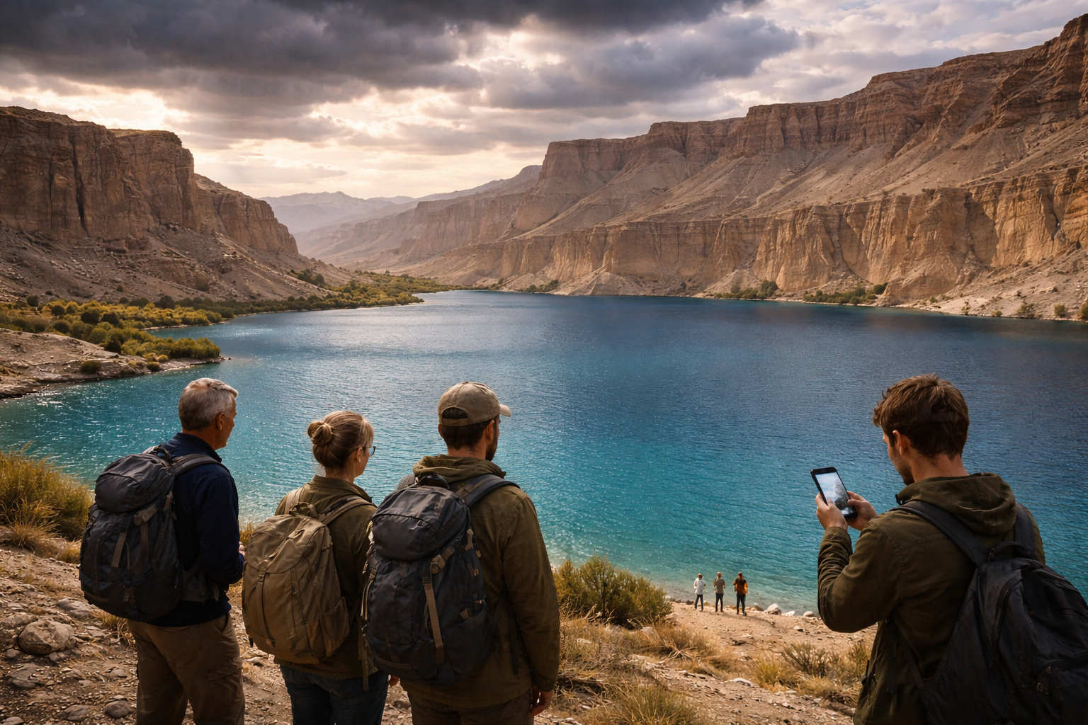 Band-e Amir lakes and a tourist holding a phone with eSIM