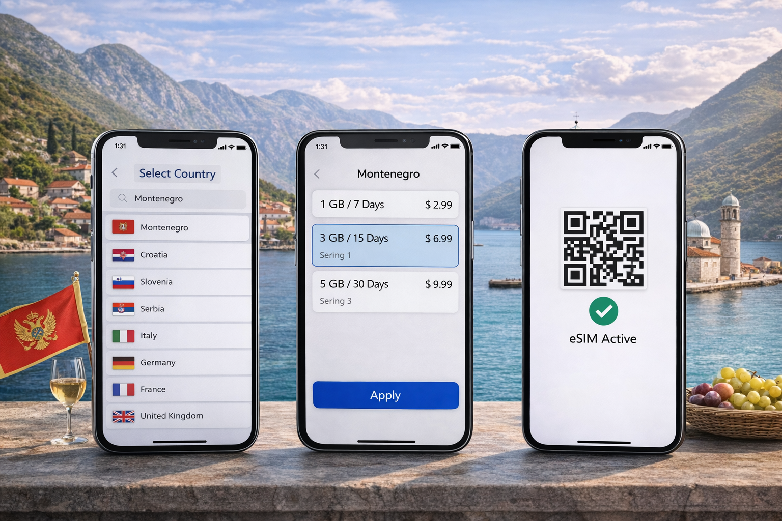 Three smartphones showing plan selection and eSIM activation in Montenegro with the Bay of Kotor in the background