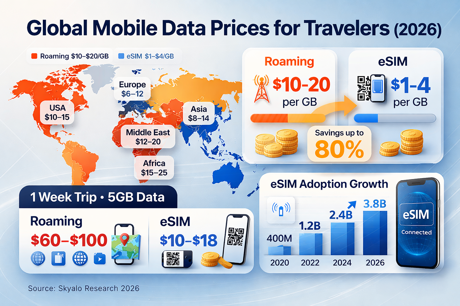 Global roaming vs eSIM mobile data price comparison infographic 2026