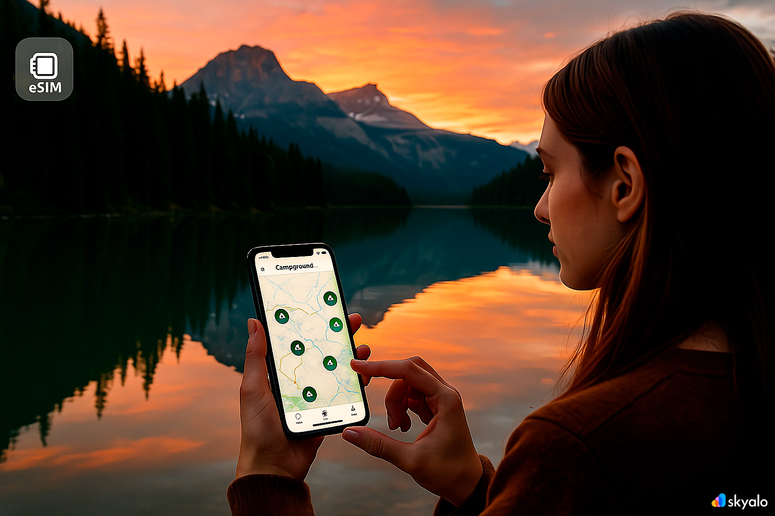 Woman photographing bridge over Emerald Lake; camping map on phone, green reflections in water